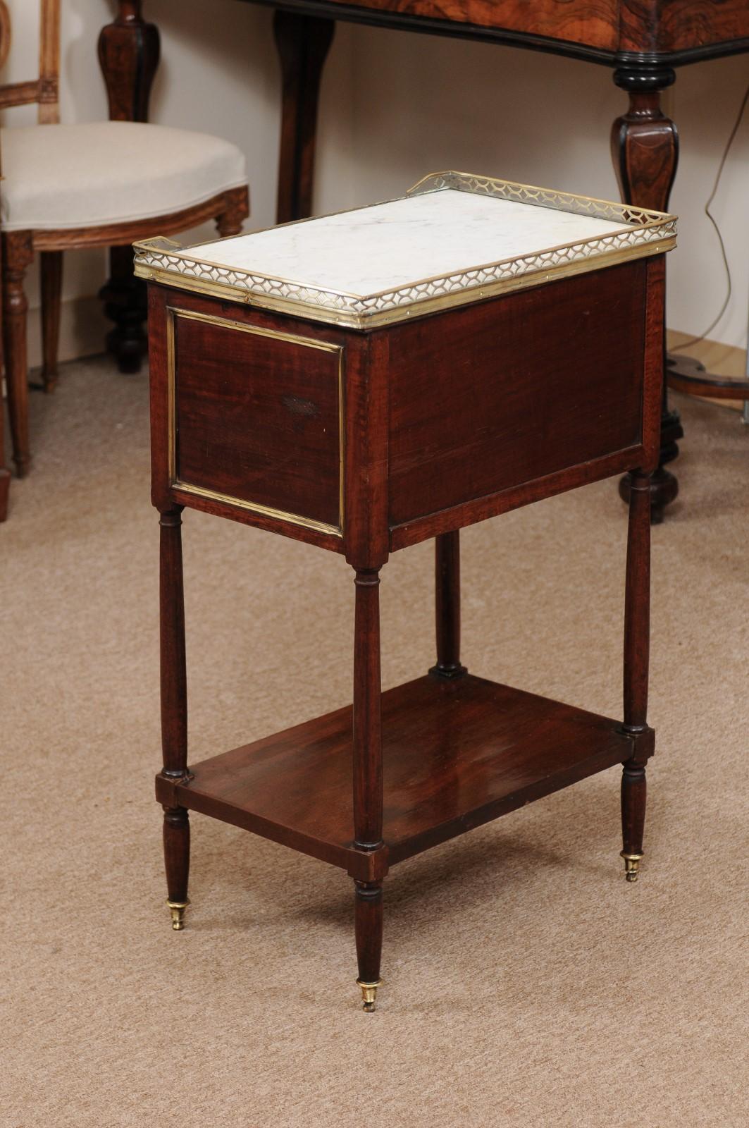 Louis XVI Walnut Chevet with 2 Drawers, Lower Shelf, and White Marble Top 4