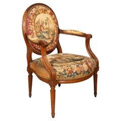 Louis XVI Walnut Fauteuil with Beauvais Tapestry Upholstery