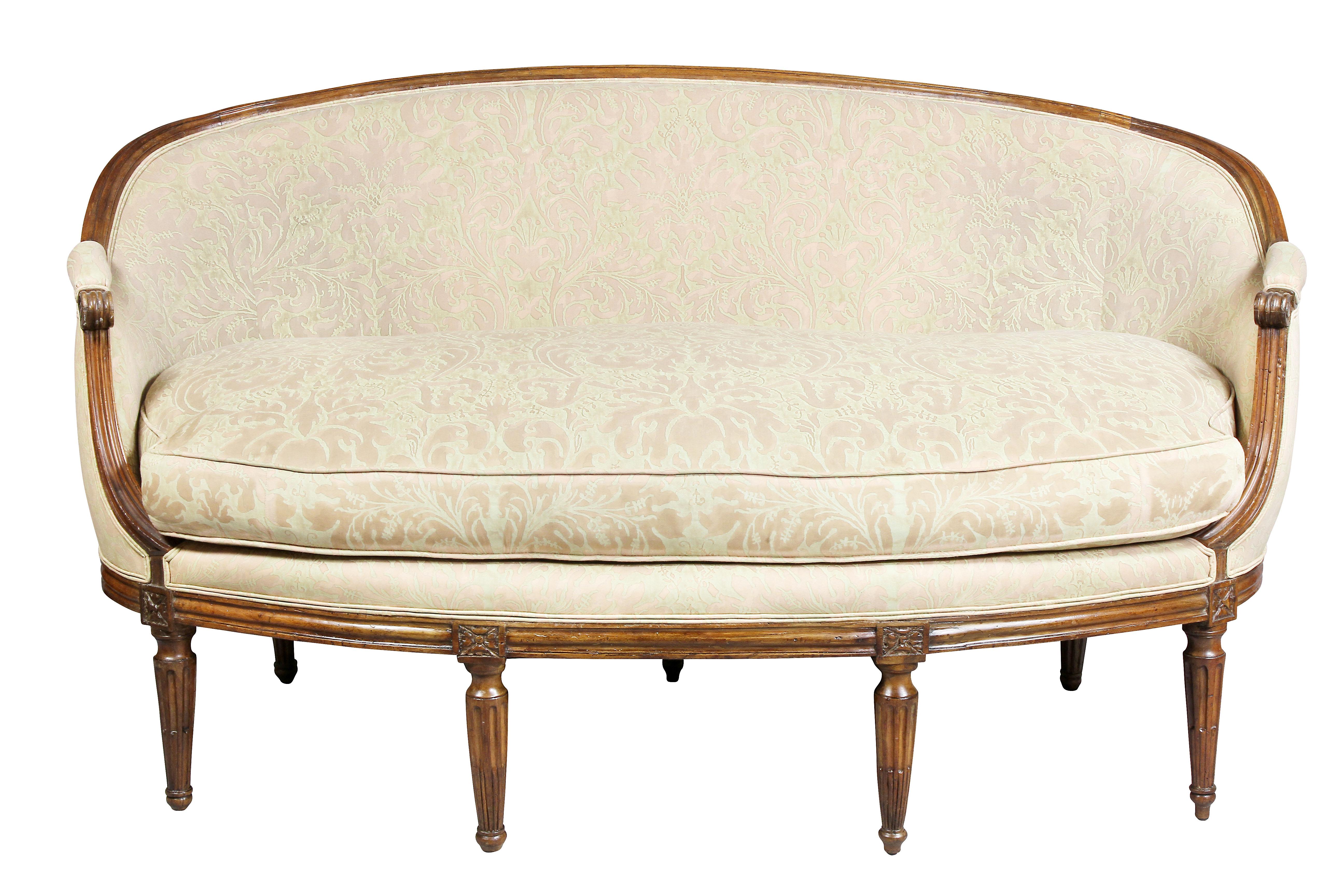 Louis XVI Walnut Fortuny Upholstered Settee In Good Condition In Essex, MA