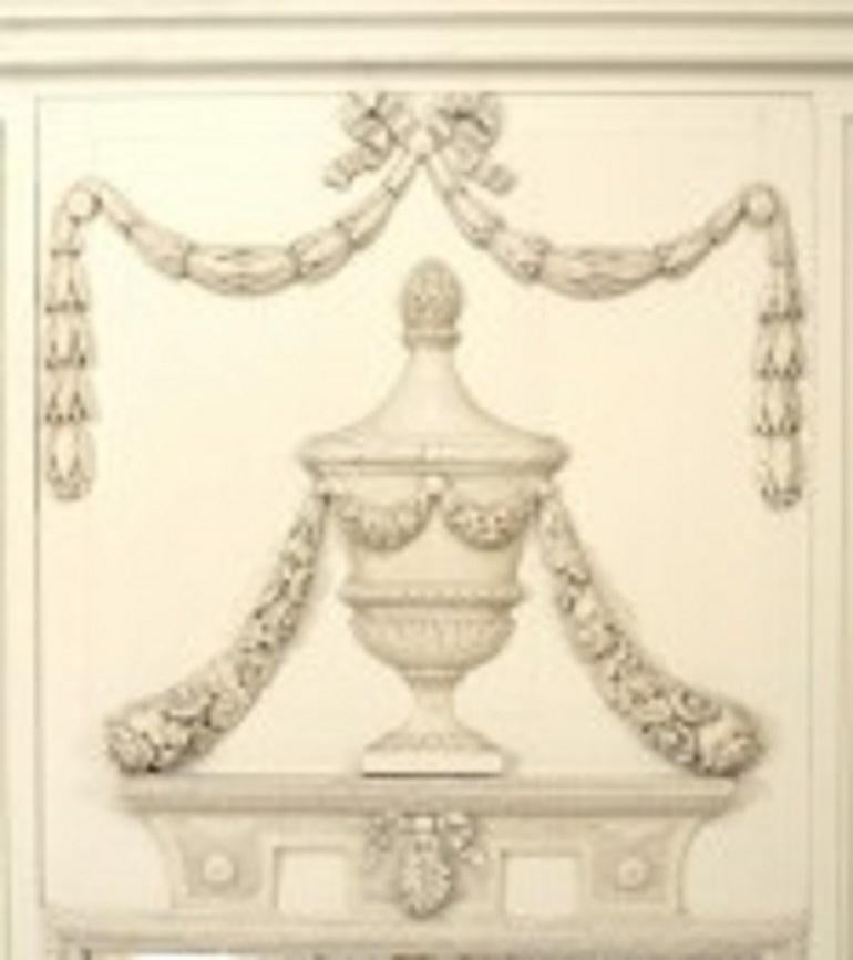 French Louis XVI white painted trumeau / wall mirror with neoclassical urn and festoon relief details and side panels with a mirror insert on the lower panel.

