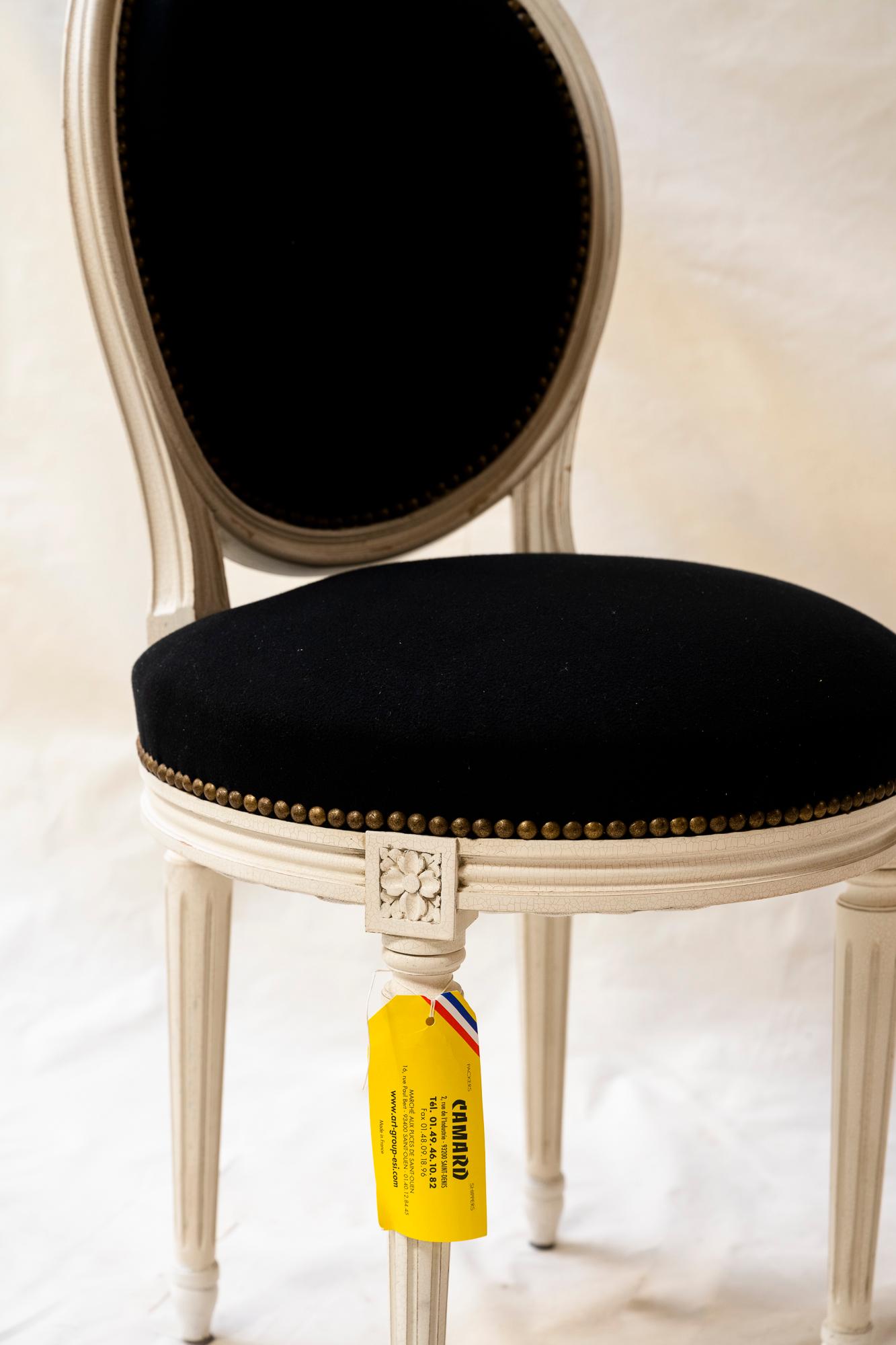 Louis XVI Whitewashed Dining Chairs Reupholstered in Black Velvet, A Set of Six For Sale 1