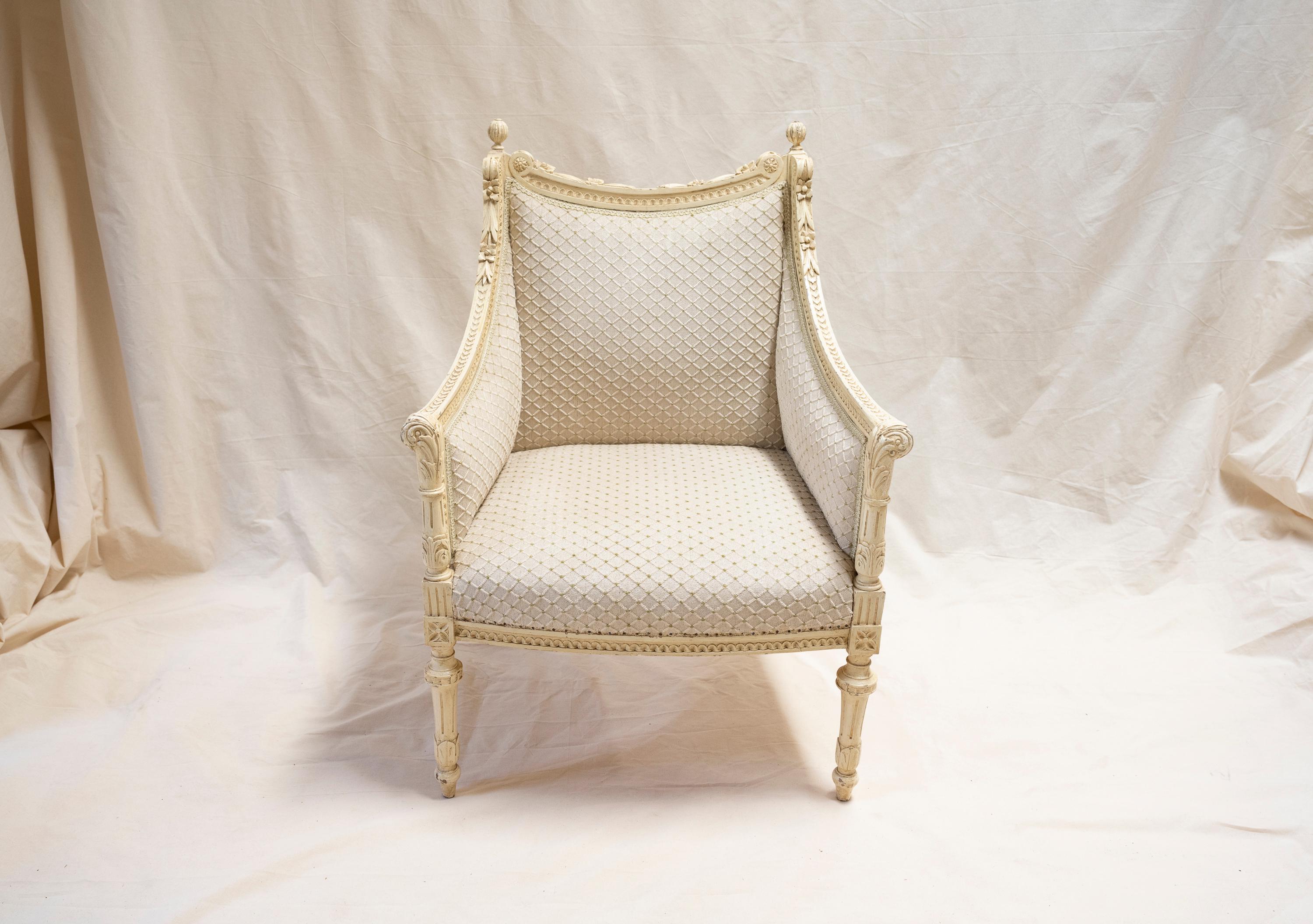 French Louis XVI Whitewashed Draped-Back Bergère Chairs, a Pair