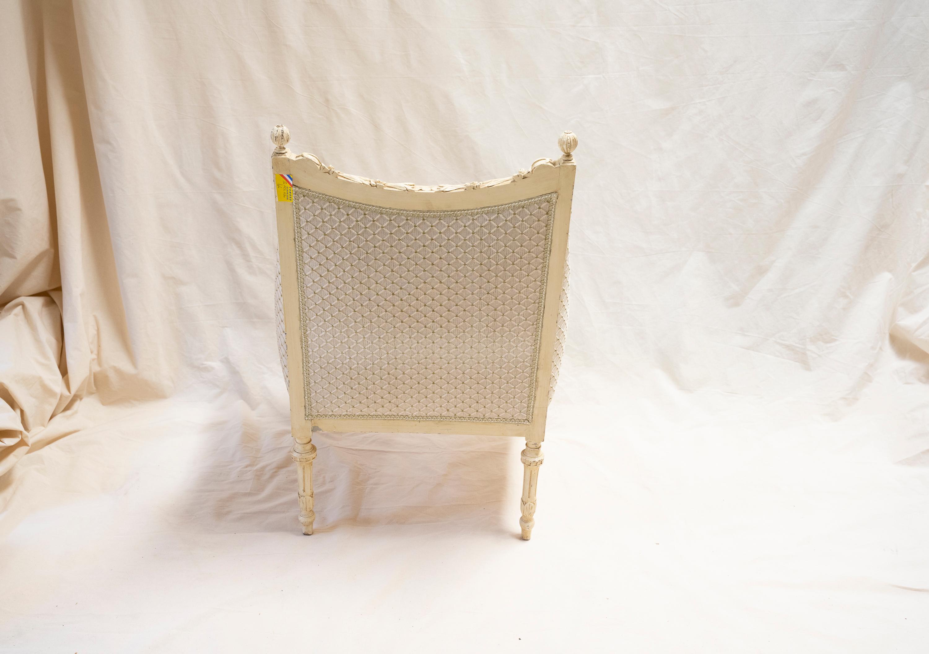 19th Century Louis XVI Whitewashed Draped-Back Bergère Chairs, a Pair