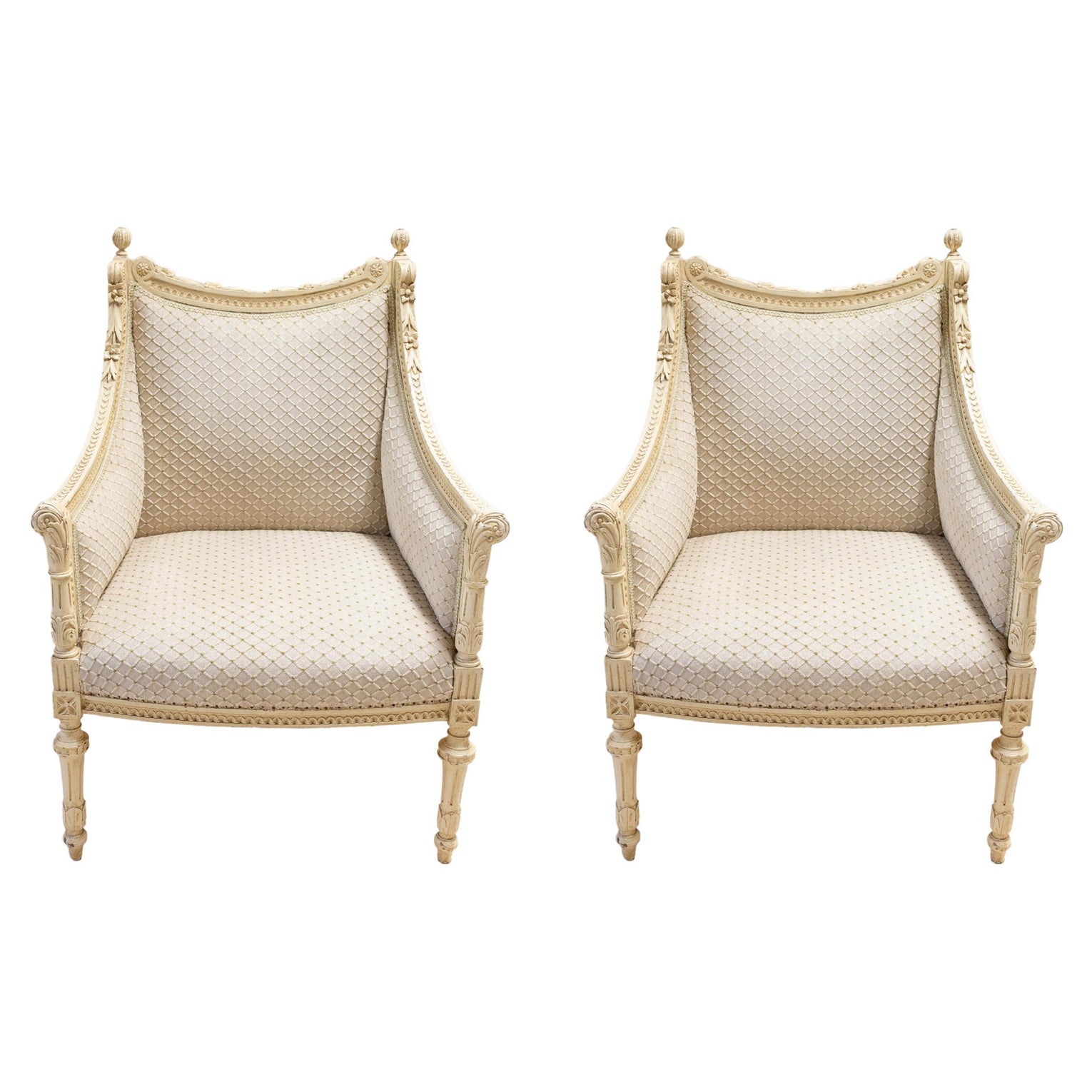 Louis XVI Whitewashed Draped-Back Bergère Chairs, a Pair