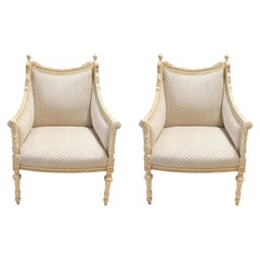 Louis XVI Whitewashed Draped-Back Bergère Chairs, a Pair