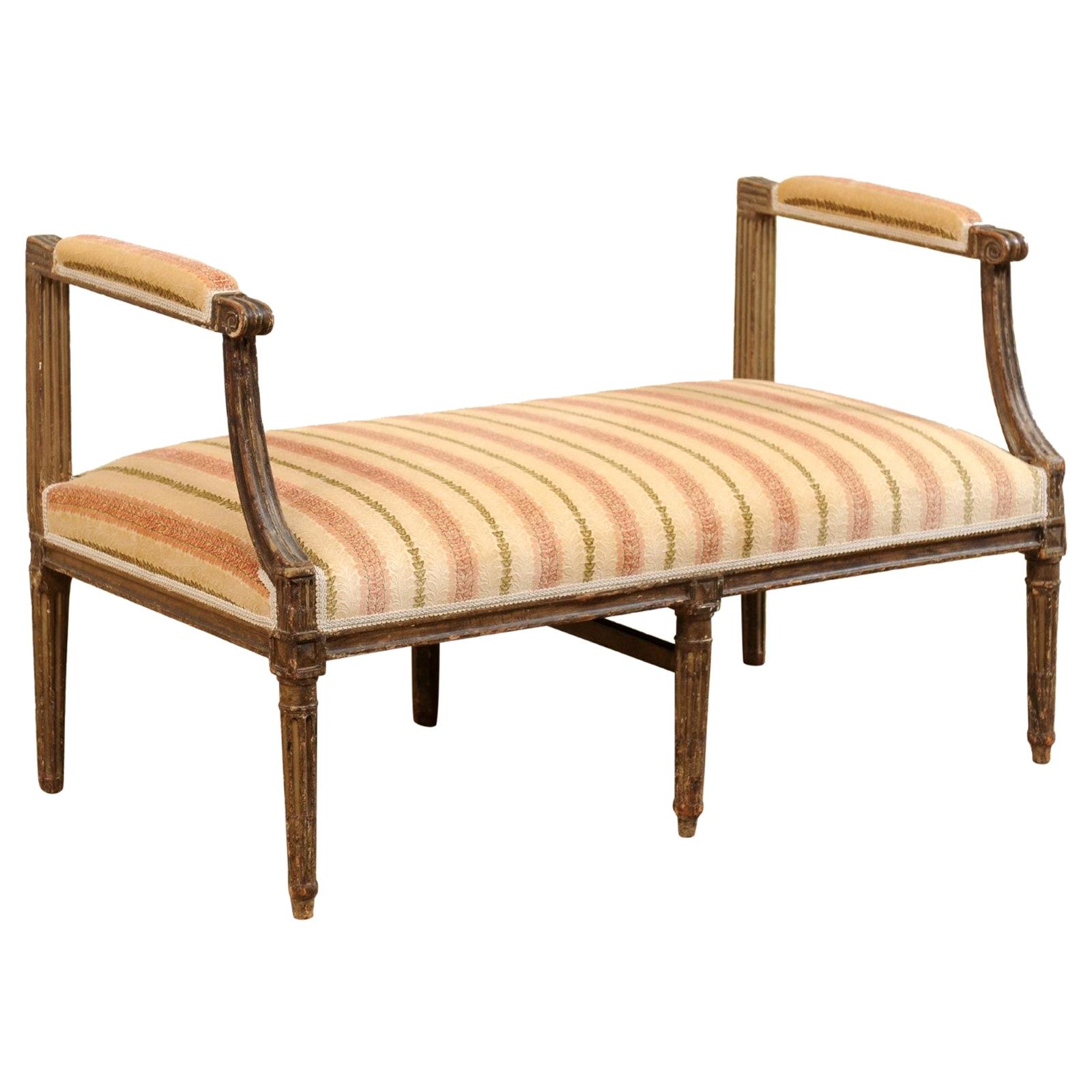 Louis XVI Window Bench with Arms, Flute Carved Accents and Upholstered Seat