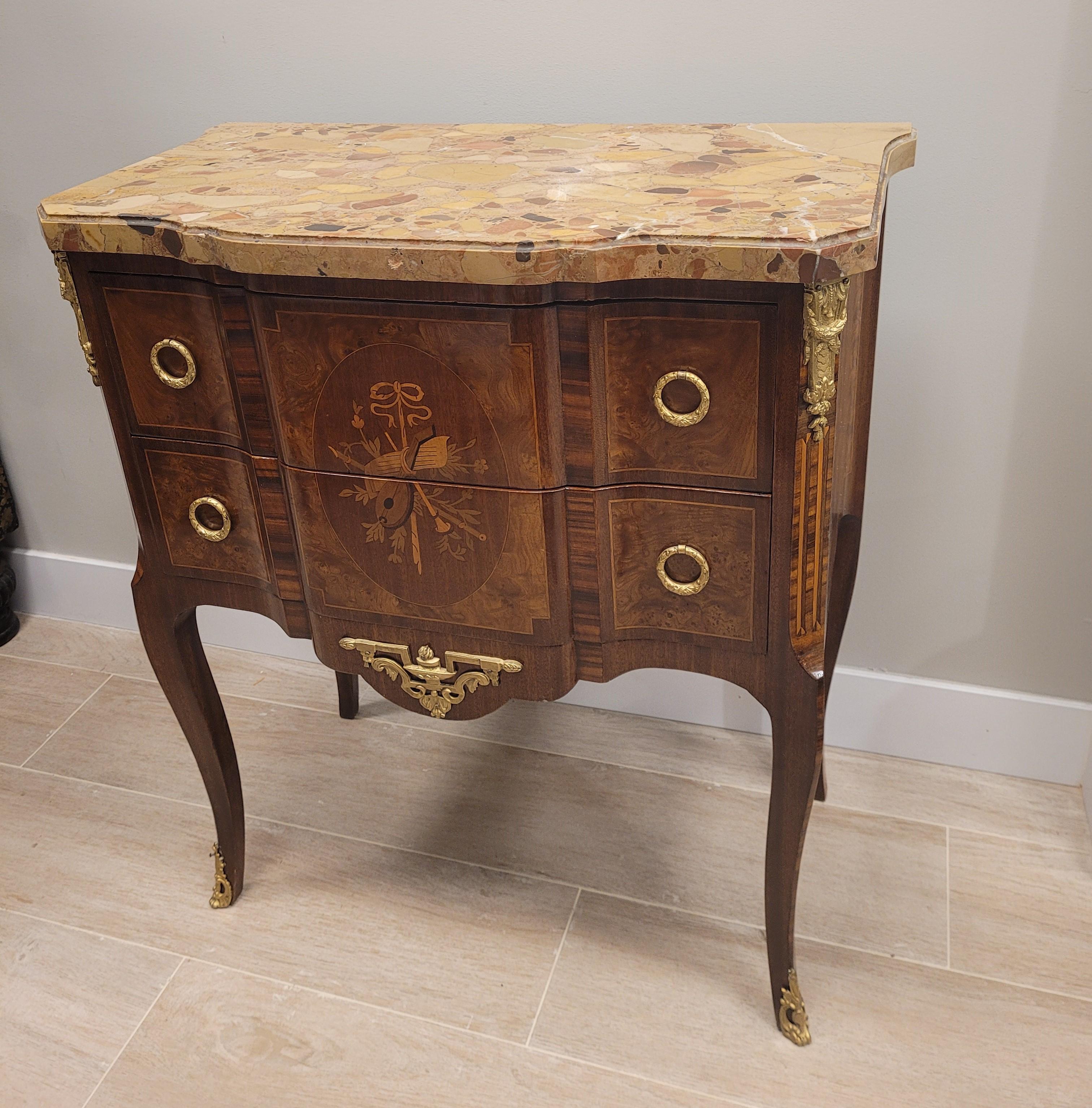 Bronze Louis XVI wood French Commode , Chest of Drawers , marble For Sale