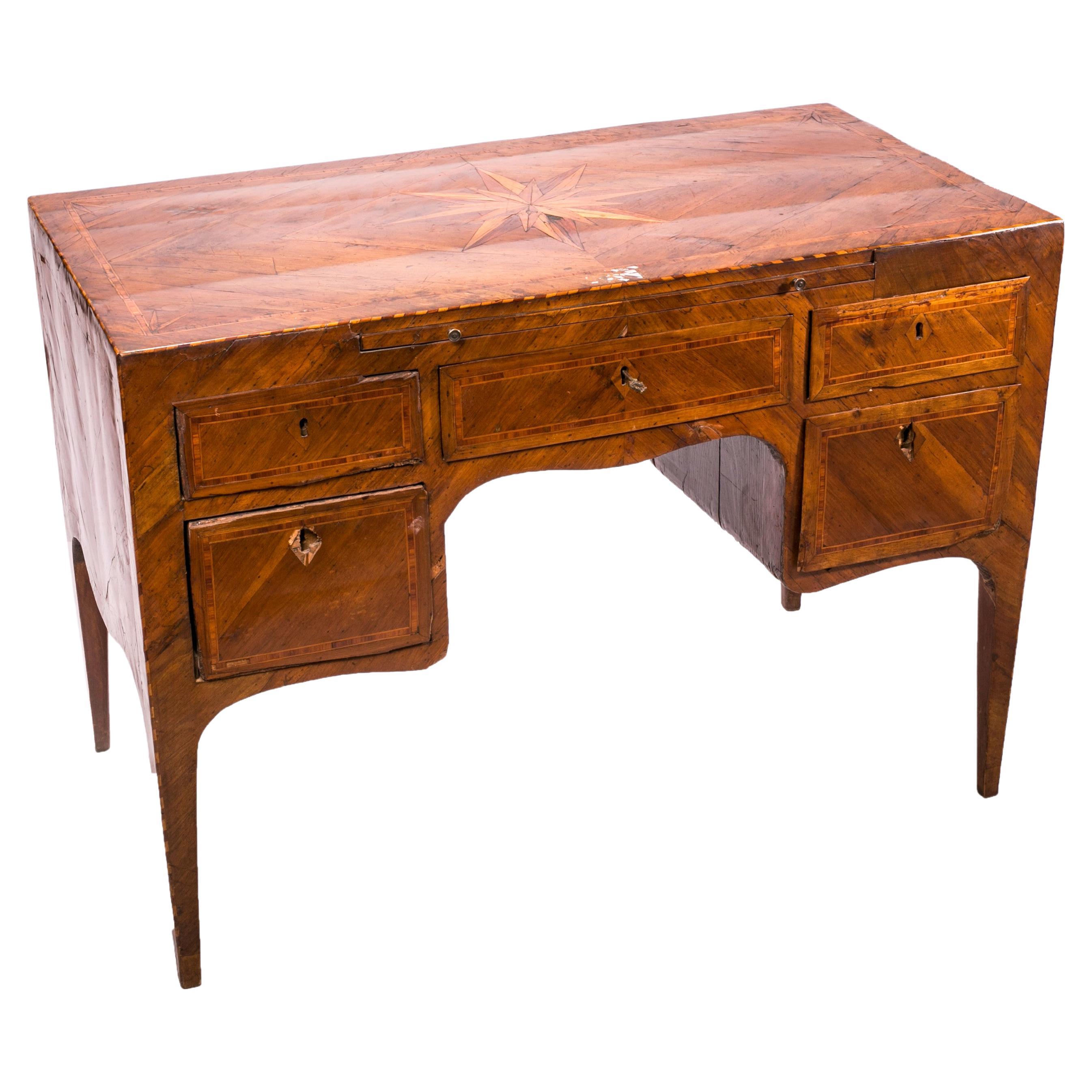 Louis XVI writing desk with pull-out surface, featuring an inlaid compass rose