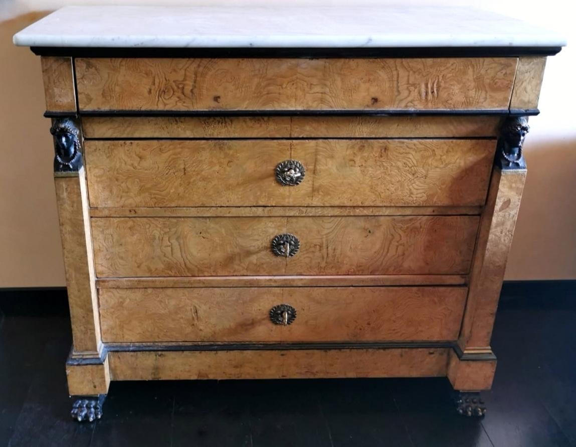 Empire Louis XVIII Style Restoration French Walnut Chest Of Drawers With Marble Top 