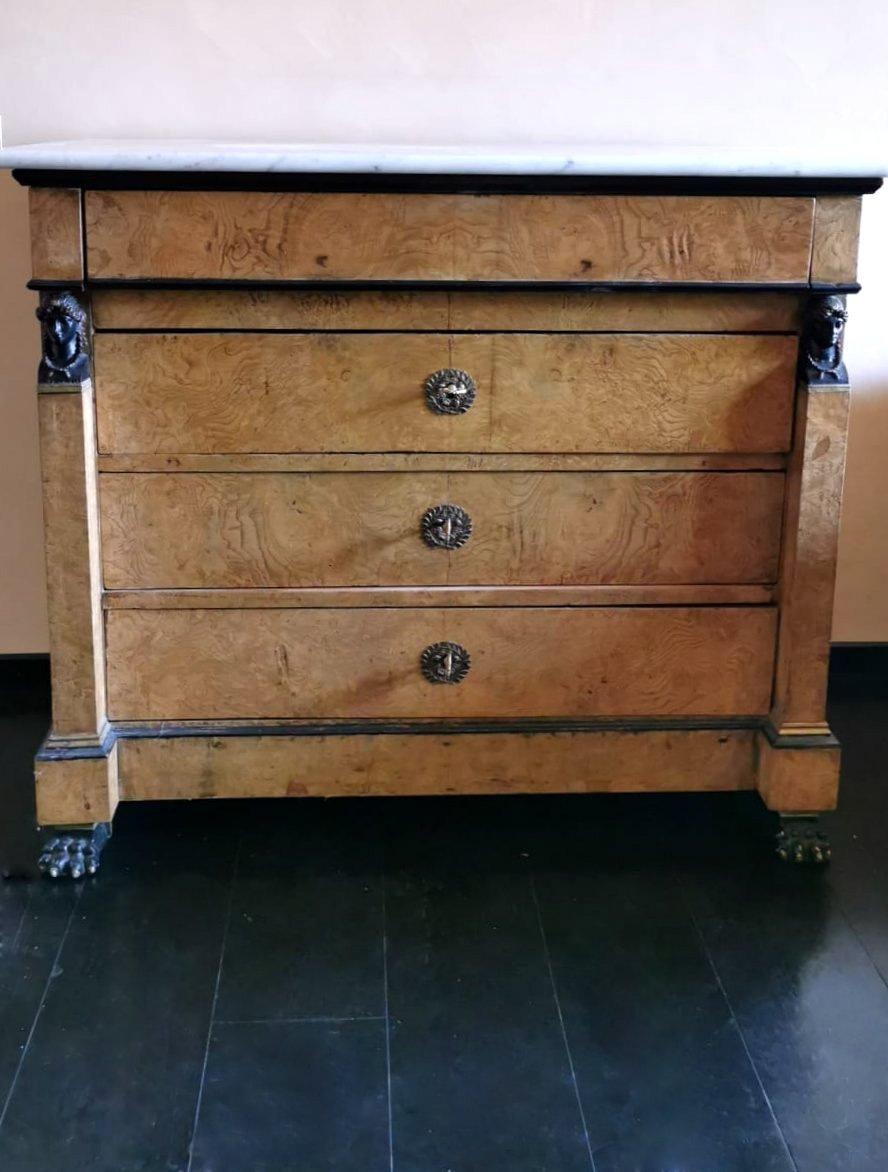 Polished Louis XVIII Style Restoration French Walnut Chest Of Drawers With Marble Top 