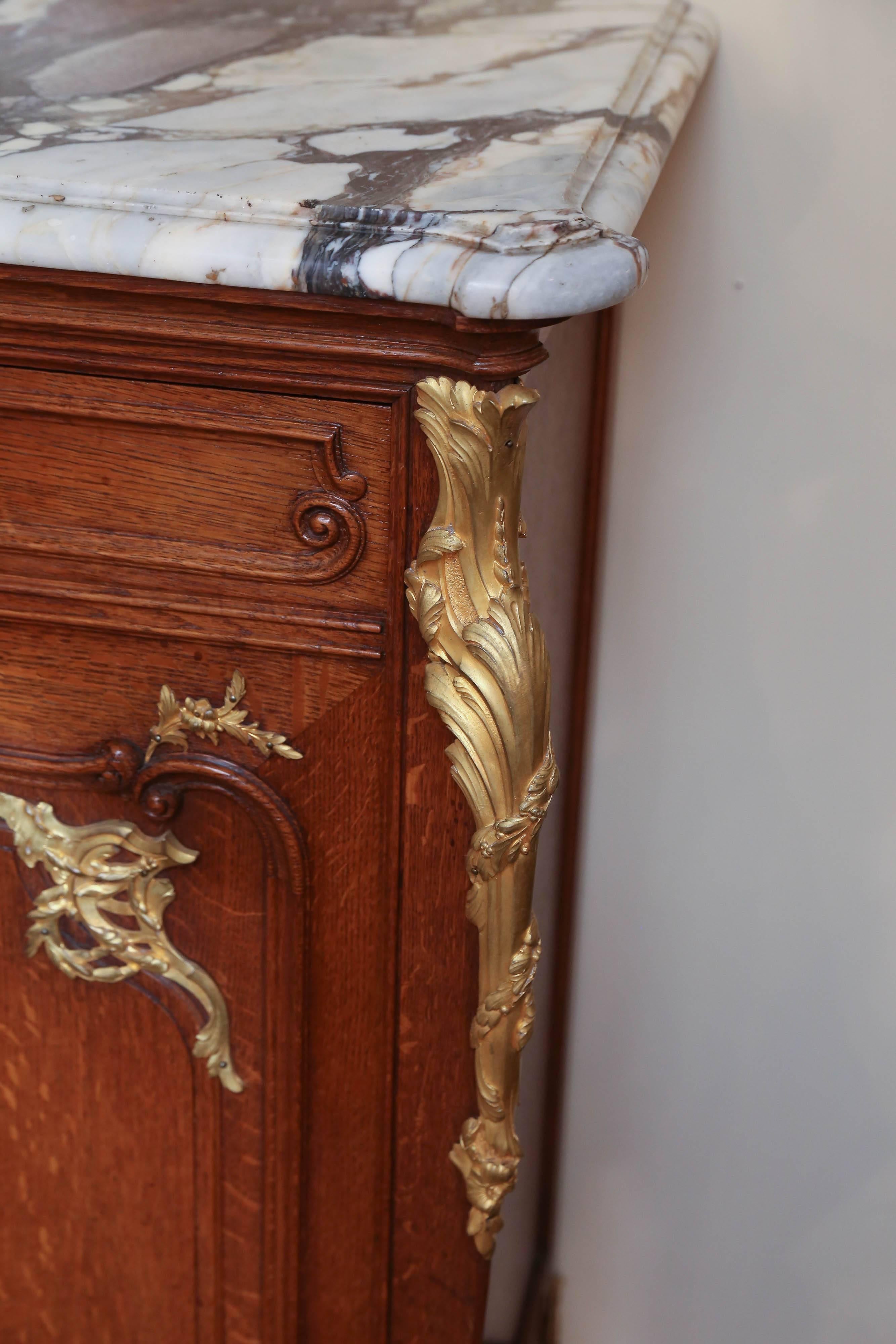 Oak Louis XV/XVI Style Gilt-Bronze Mounted  Marble-Top Cabinet signed Haentges Fres For Sale