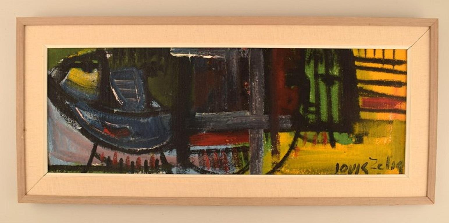 Louis Zelig (1922-1993), Romanian / Swedish artist. Oil on board. 
Abstract composition. 1960s.
The board measures: 61.5 x 21.5 cm.
The frame measures: 5 cm.
In excellent condition.
Signed.