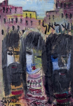 Louis Zelig, listed Swedish artist. Oil on canvas. City scene with three persons