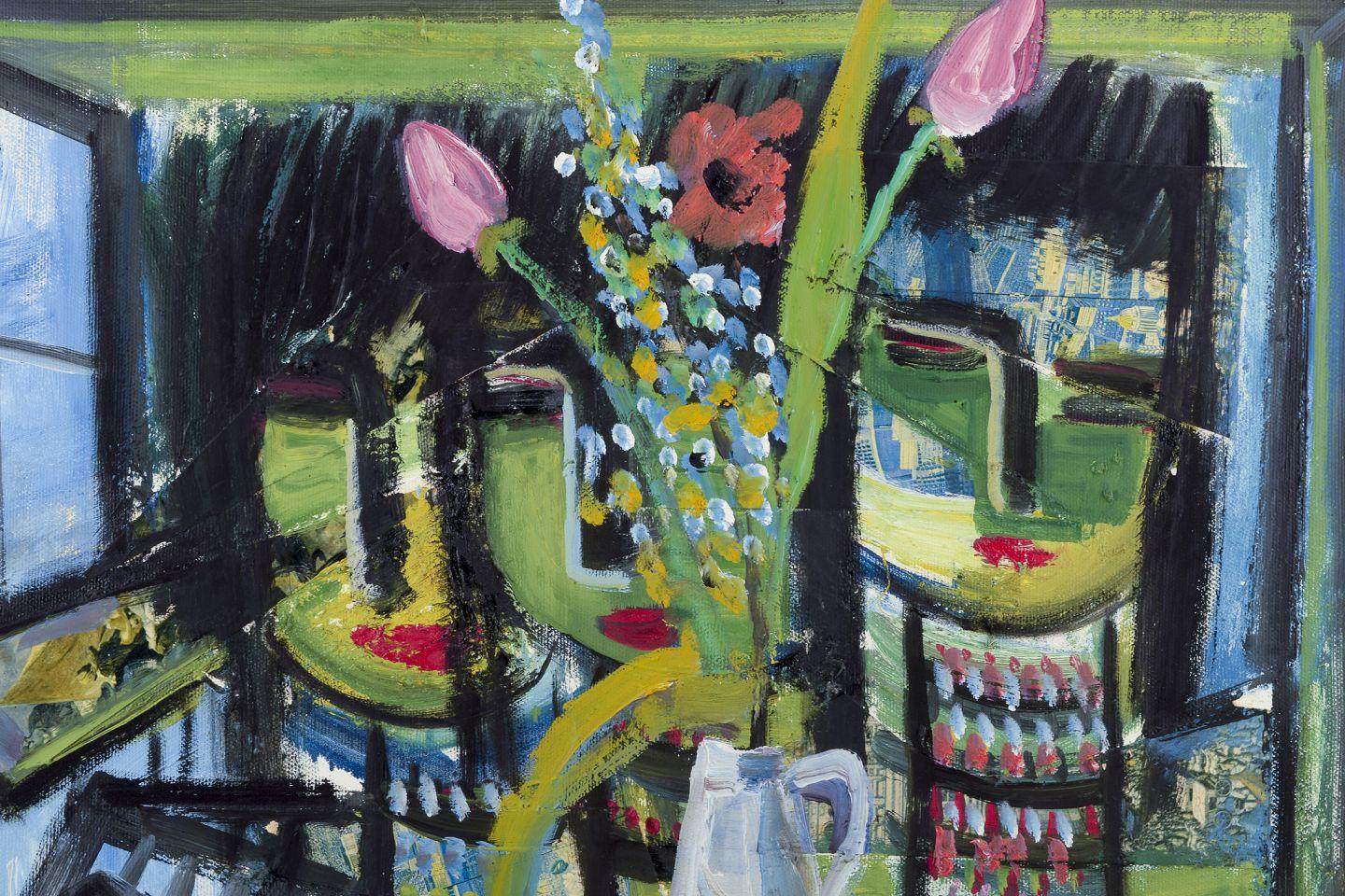 Moderne Louis Zelig. Huile sur toile. Nature morte avec des visages féminins et des fleurs. en vente