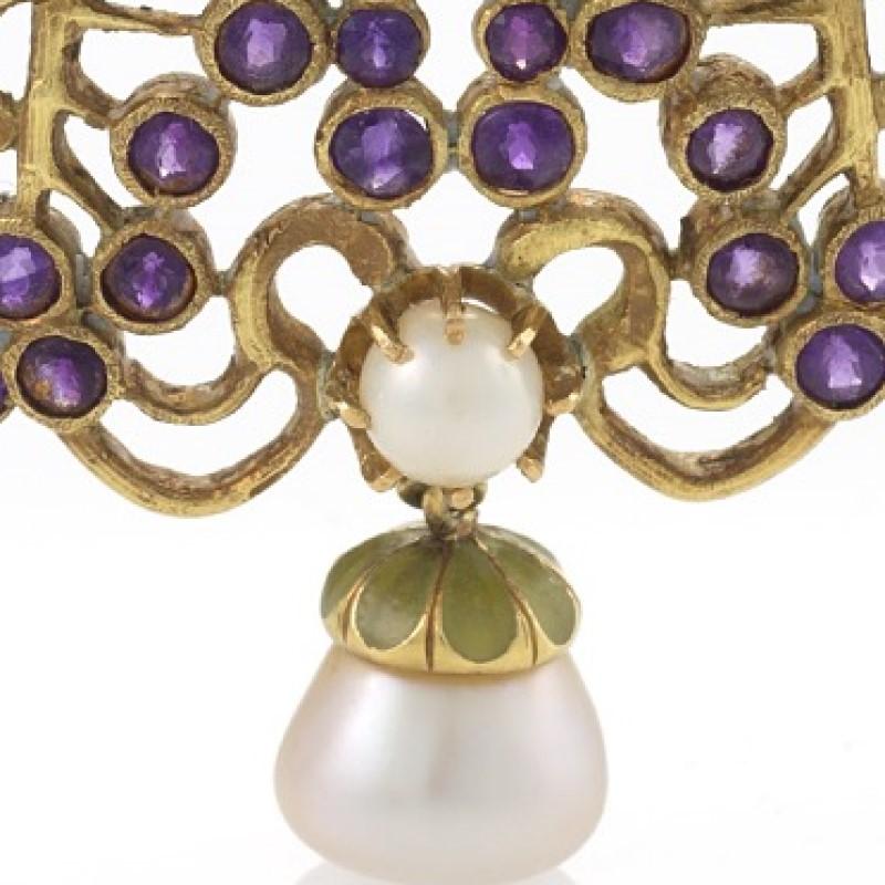 Louis Zorra Art Nouveau Diamond Amethyst Pearl and Plique-à-Jour Enamel Brooch In Excellent Condition For Sale In New York, NY