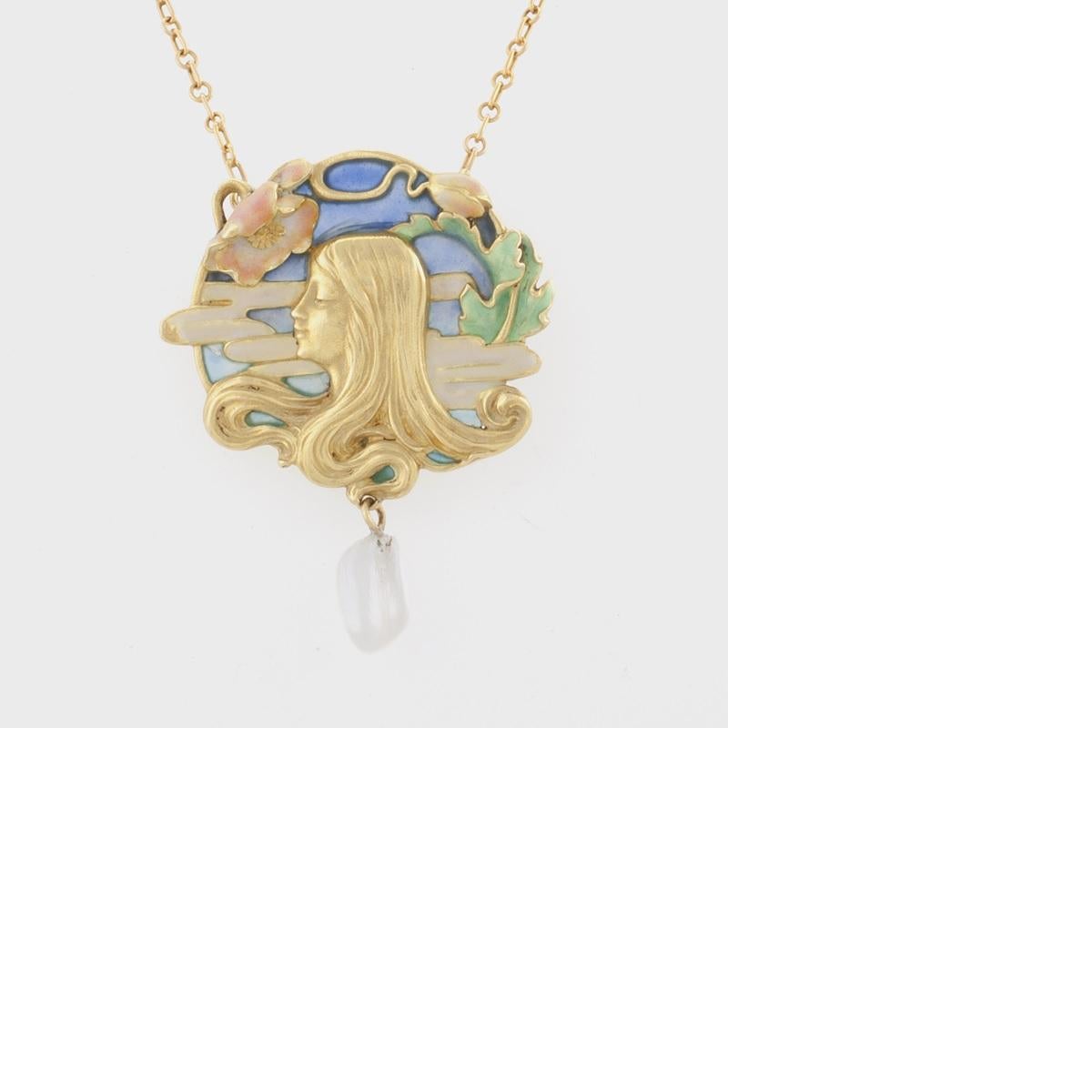 A French Art Nouveau 18 karat gold pendant/brooch with freshwater pearl drop and plique-à-jour enamel, depicting a maiden in profile against  a sky with clouds and framed with pink poppy blossoms by Louis Zorra.  The serpentine clouds, the woman's