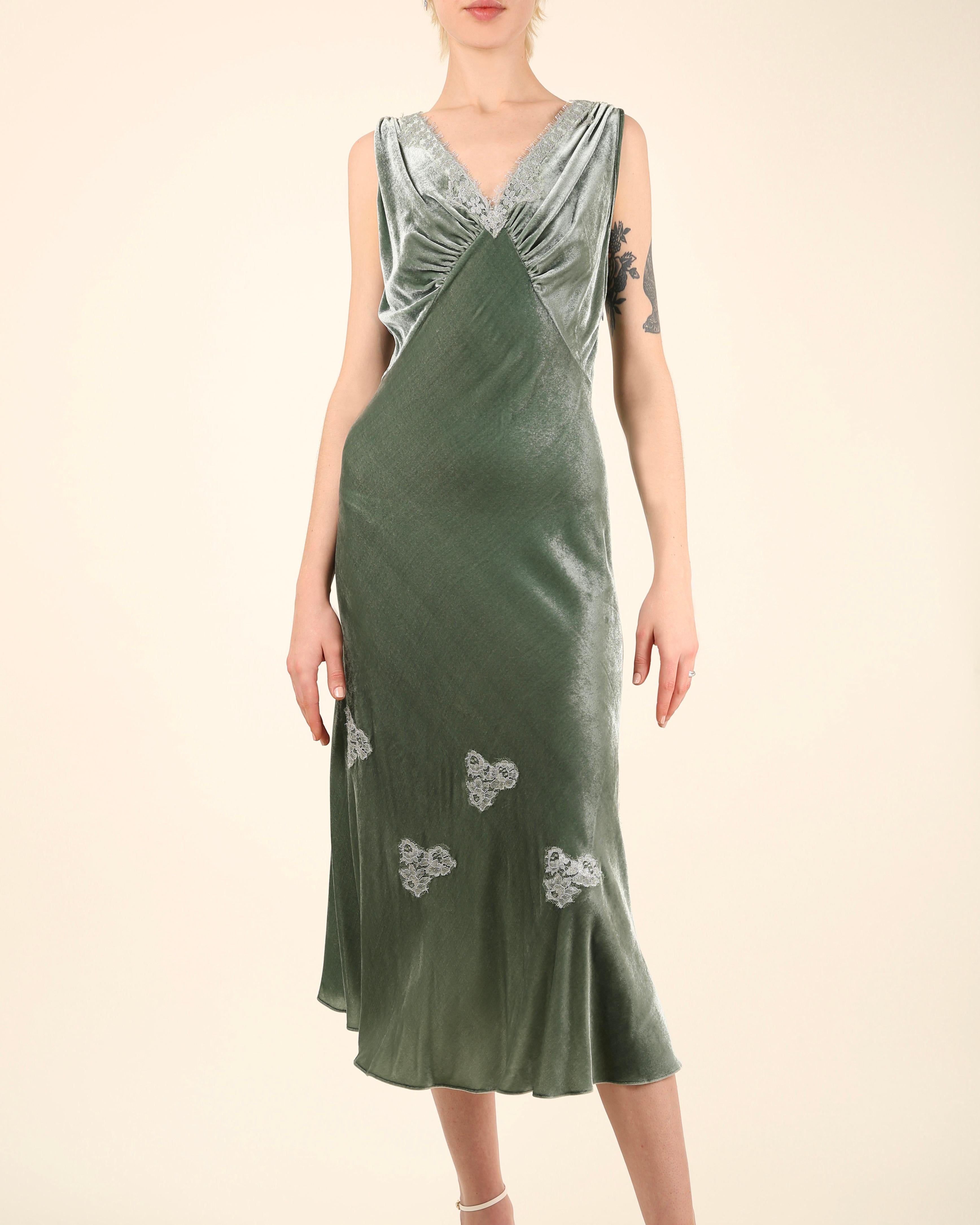 Gray Louisa Beccaria green velvet silver lace V neck sleeveless midi dress IT 42-44 For Sale