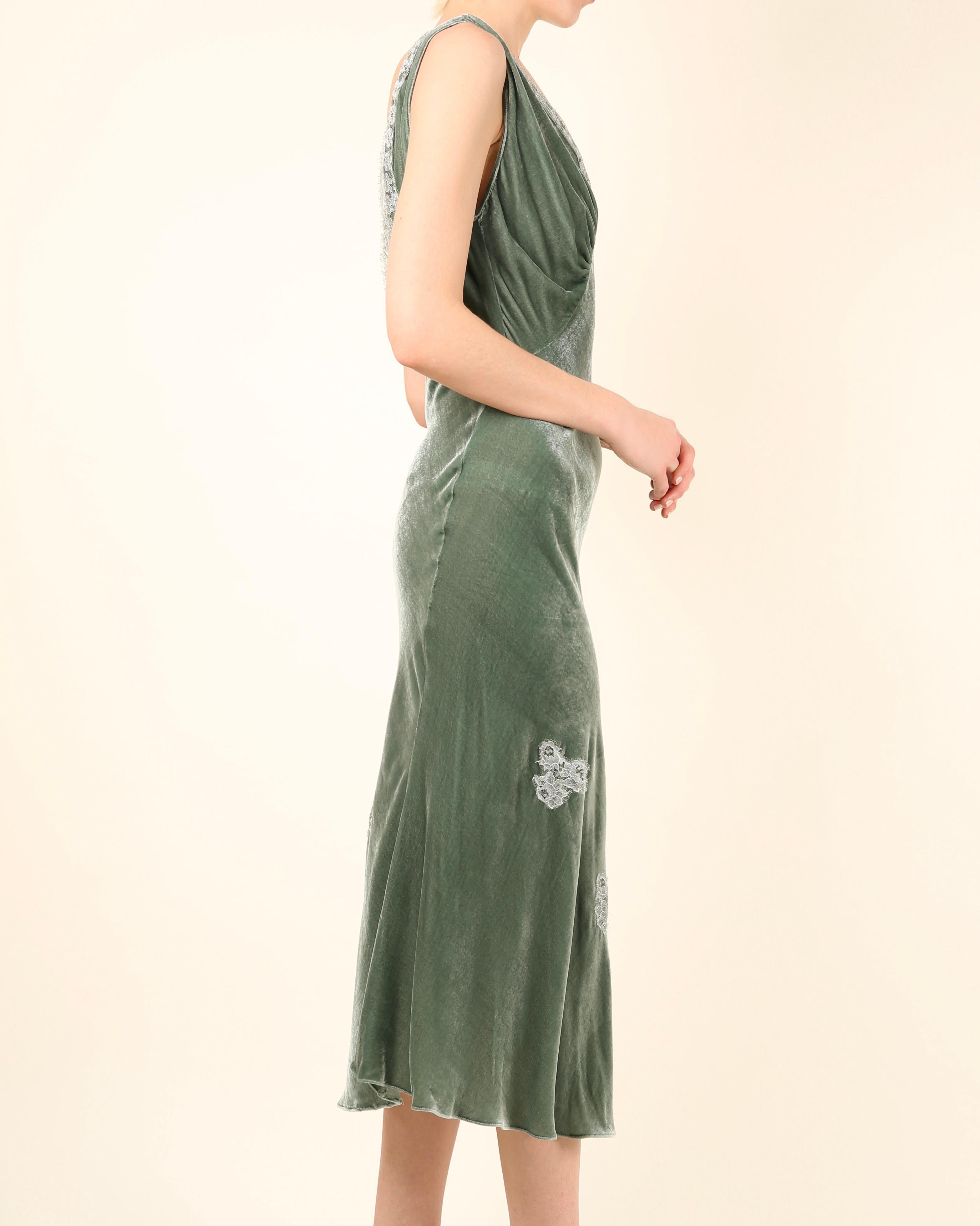 Louisa Beccaria green velvet silver lace V neck sleeveless midi dress IT 42-44 For Sale 2