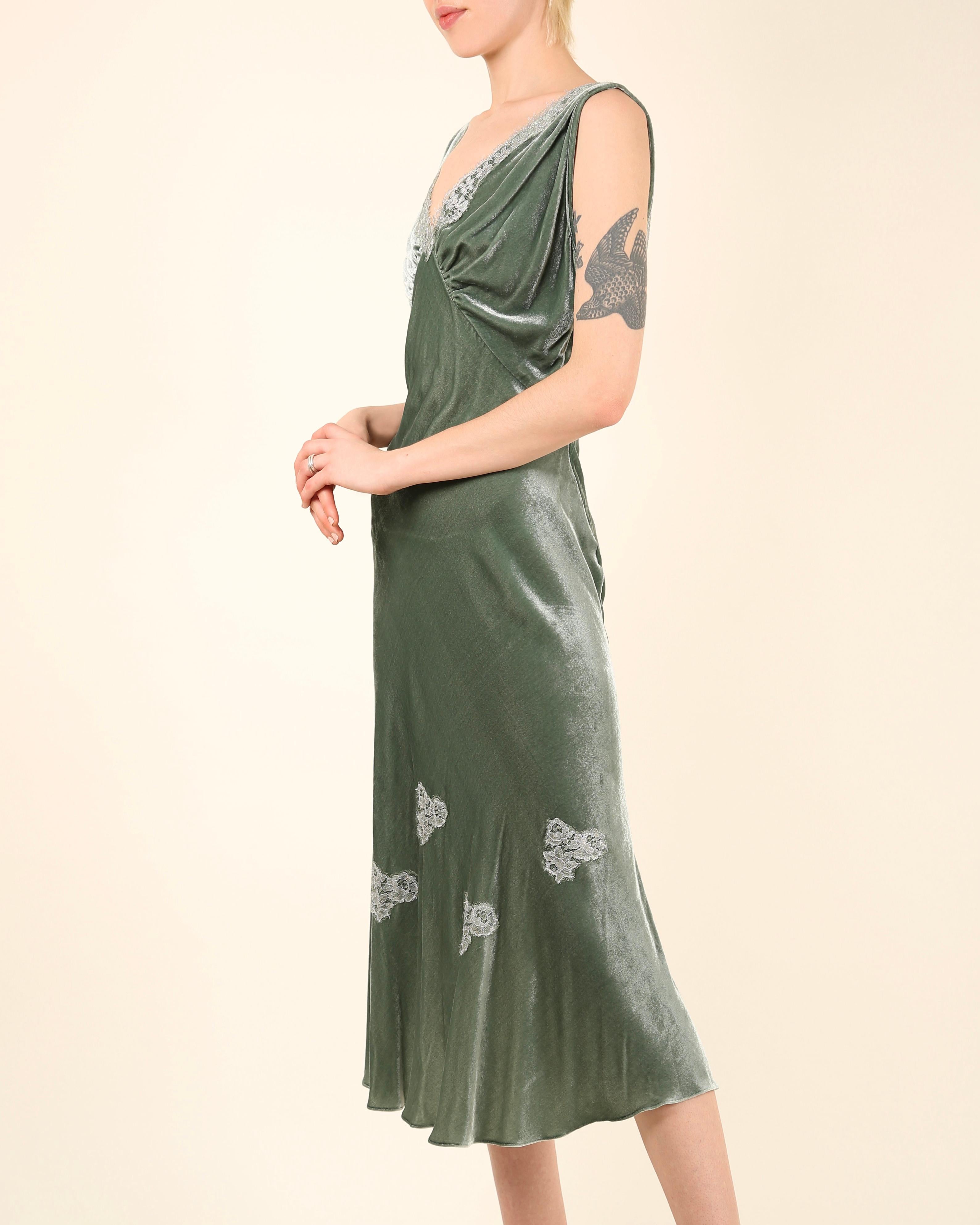 Louisa Beccaria green velvet silver lace V neck sleeveless midi dress IT 42-44 For Sale 3