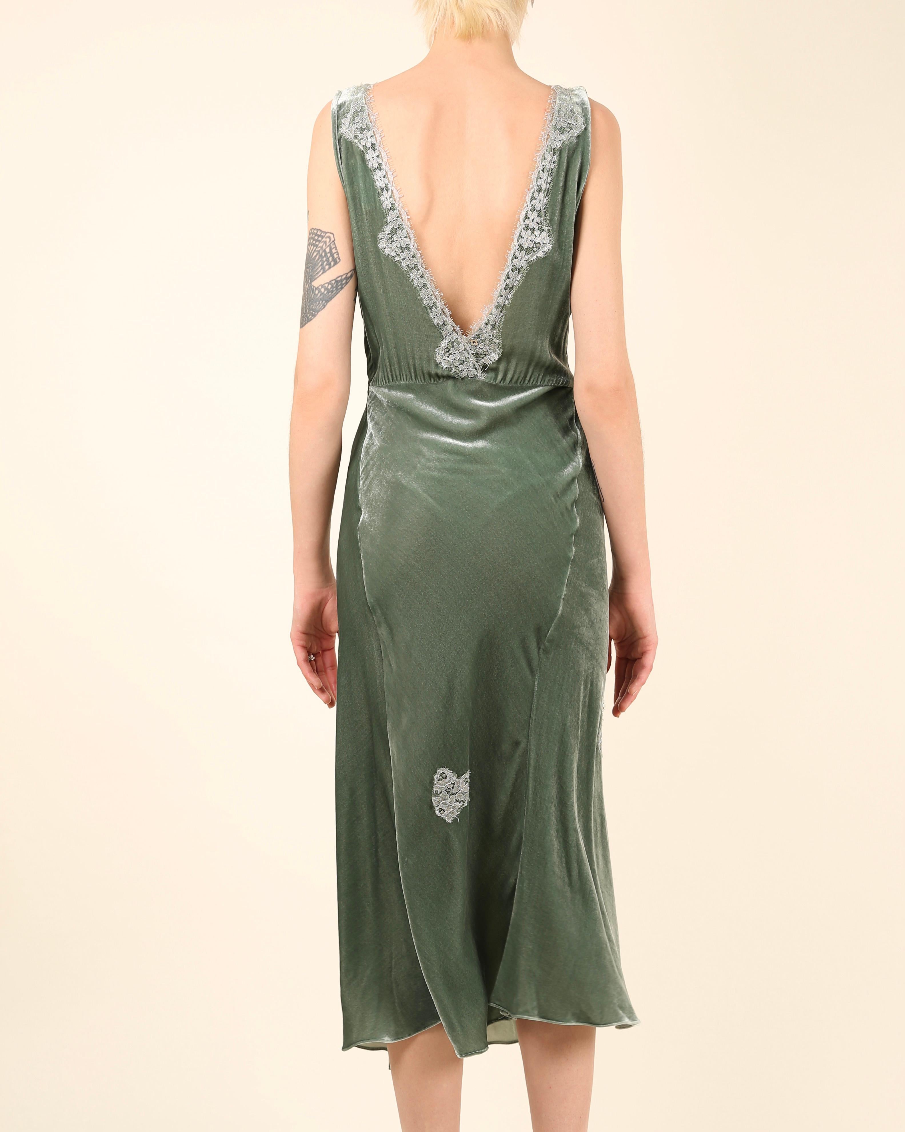 Louisa Beccaria green velvet silver lace V neck sleeveless midi dress IT 42-44 For Sale 4