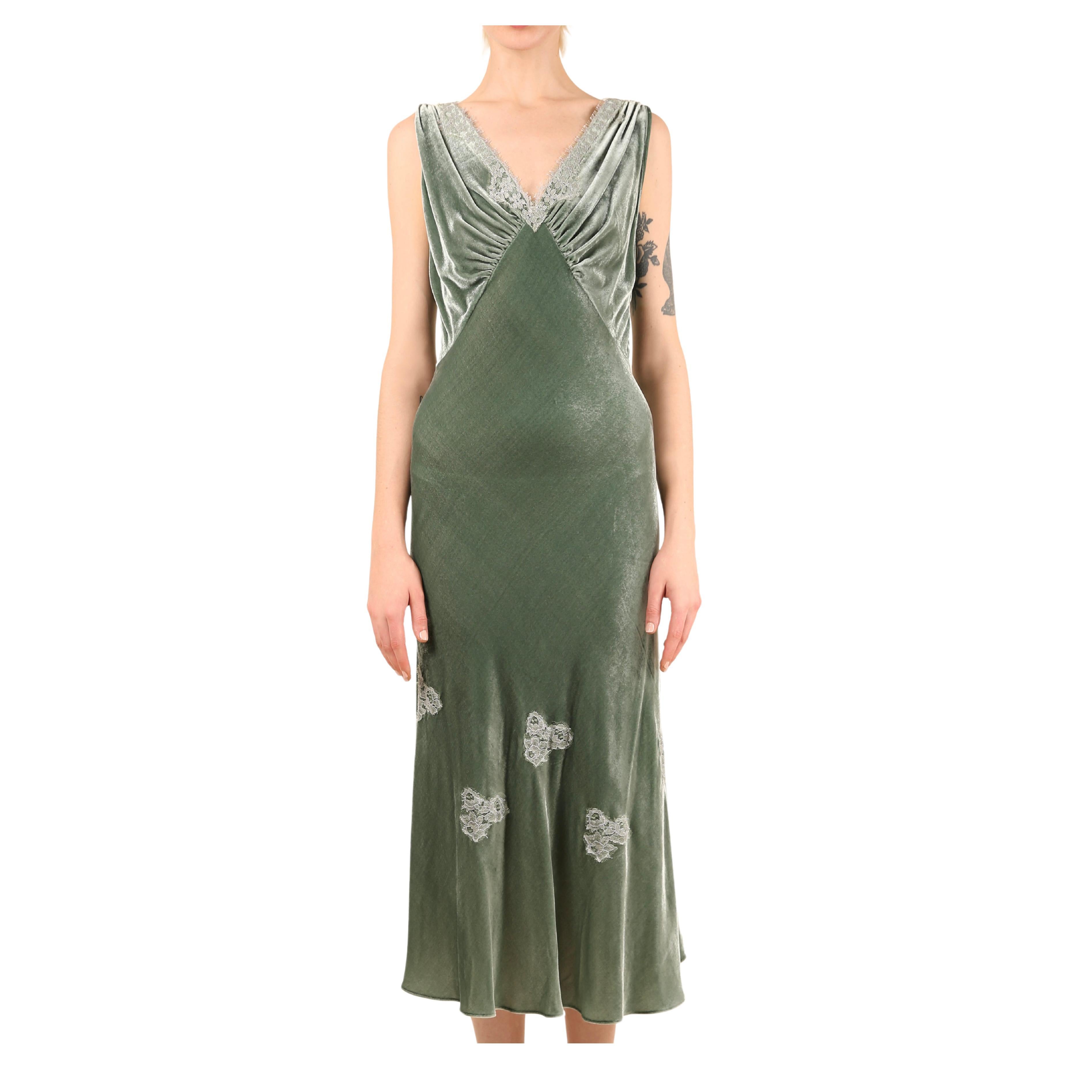 Louisa Beccaria green velvet silver lace V neck sleeveless midi dress IT 42-44 For Sale