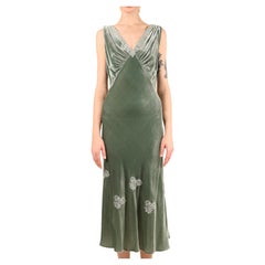 Louisa Beccaria green velvet silver lace V neck sleeveless midi dress IT 42-44