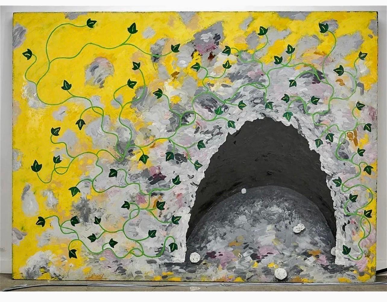 Title: Grotto
Dated: 1981
Size: 72 X 96 inches
Technique: Oil paint on canvas
Provenance: Robert Miller Gallery New York

This is a large magnificent, Neo figurative, expressionist painting. A bright, vibrant piece in yellow and purple, green, gray