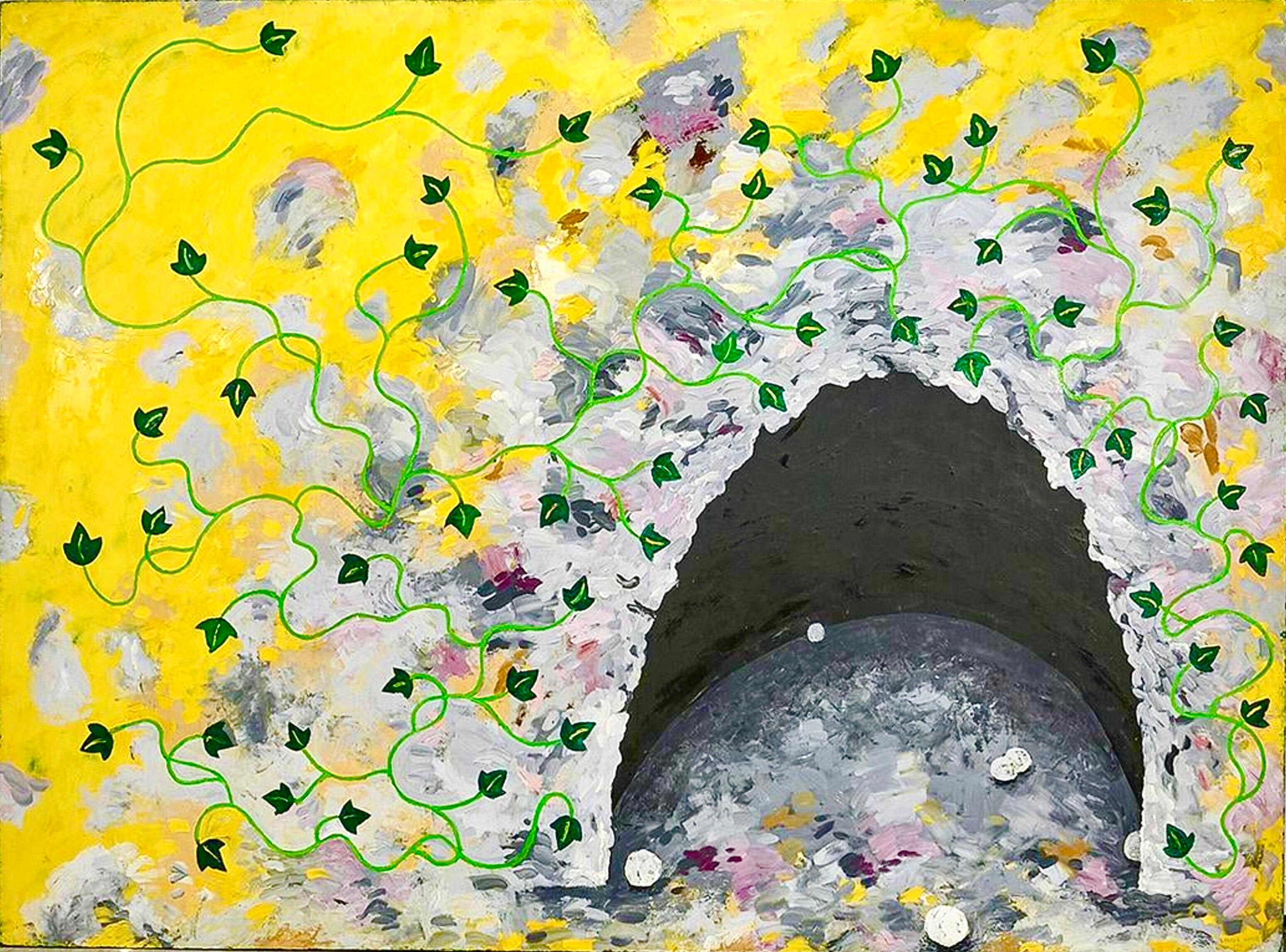 Title: Grotto
Dated: 1981
Size: 72 X 96 inches
Technique: Oil paint on canvas
Provenance: Robert Miller Gallery New York

This is a large magnificent, Neo figurative, expressionist painting. A bright, vibrant piece in yellow and purple, green, gray