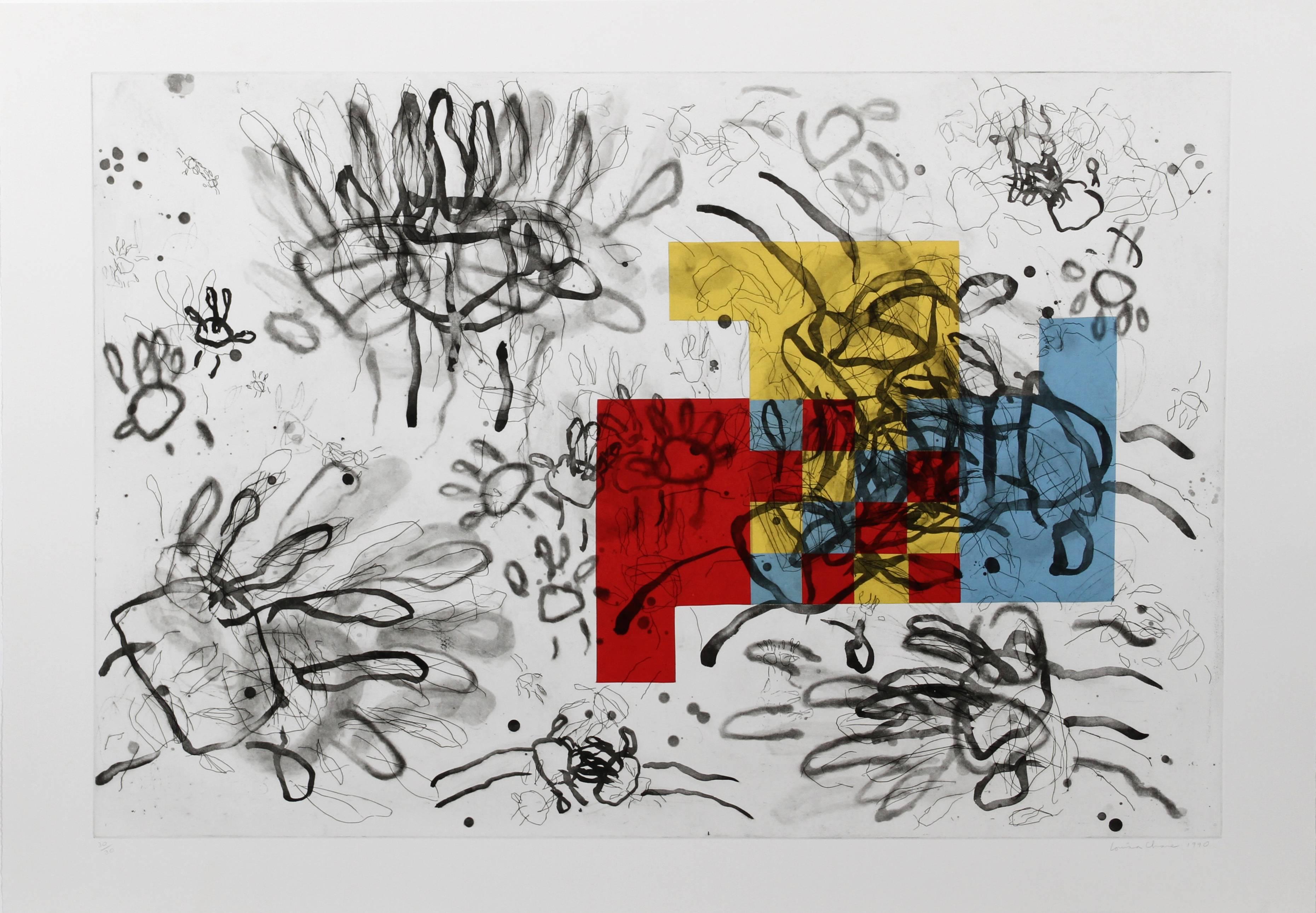 Artiste : Louisa Chase, américaine (1951 - 2016)
Titre :	Sans titre (Mains)
Année : 1990
Médium : Eau-forte et Chine Colle, Signé et Numéroté au Crayon
Edition : 30
Taille du papier :	35 x 50,5 pouces (88,9 x 128,27 cm)