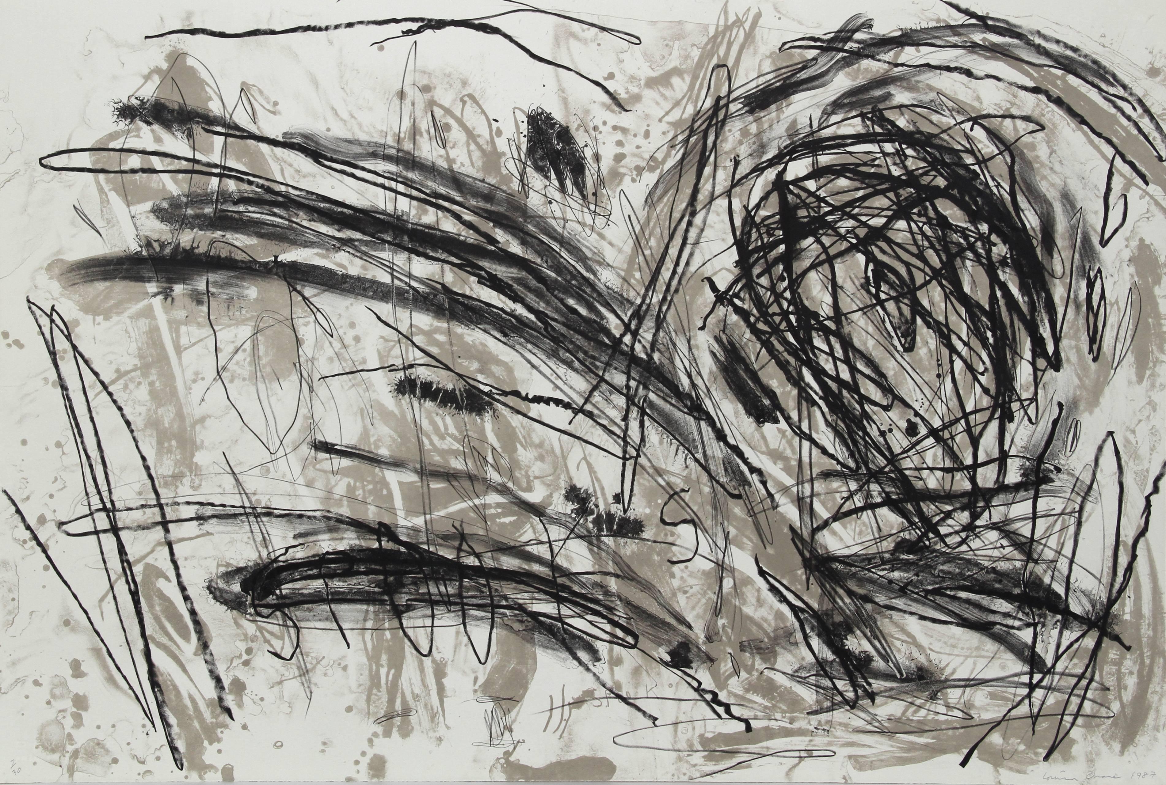 Artiste : Louisa Chase, américaine (1951 - 2016)
Titre : Sans titre (Spooks)
Année : 1987
Médium : Lithographie, signée et numérotée au crayon 
Edition : 30
Taille du papier :	30 x 44,5 pouces (76,2 x 113,03 cm)