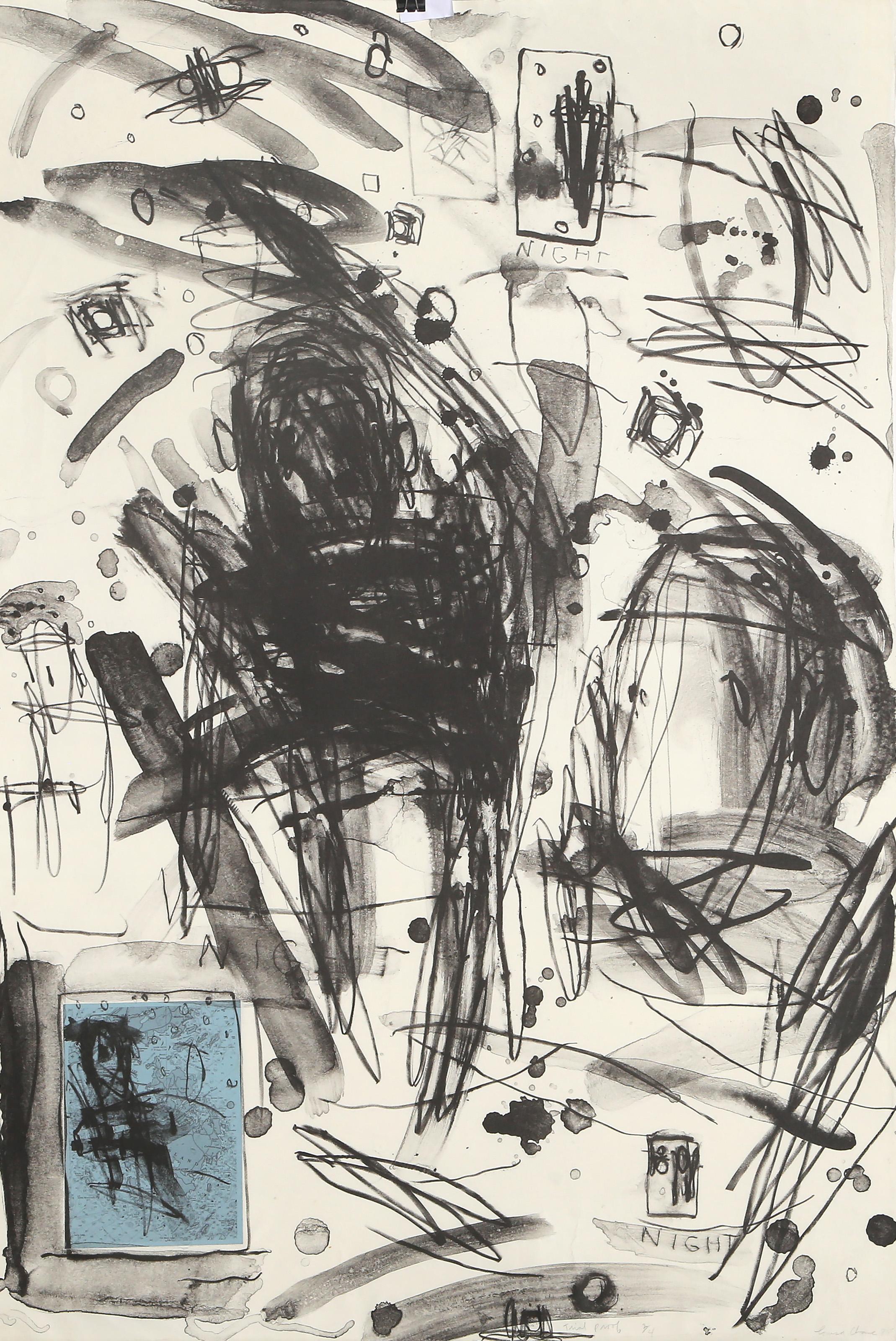 Night, Abstract Expressionist Lithograph with Collage by Louisa Chase