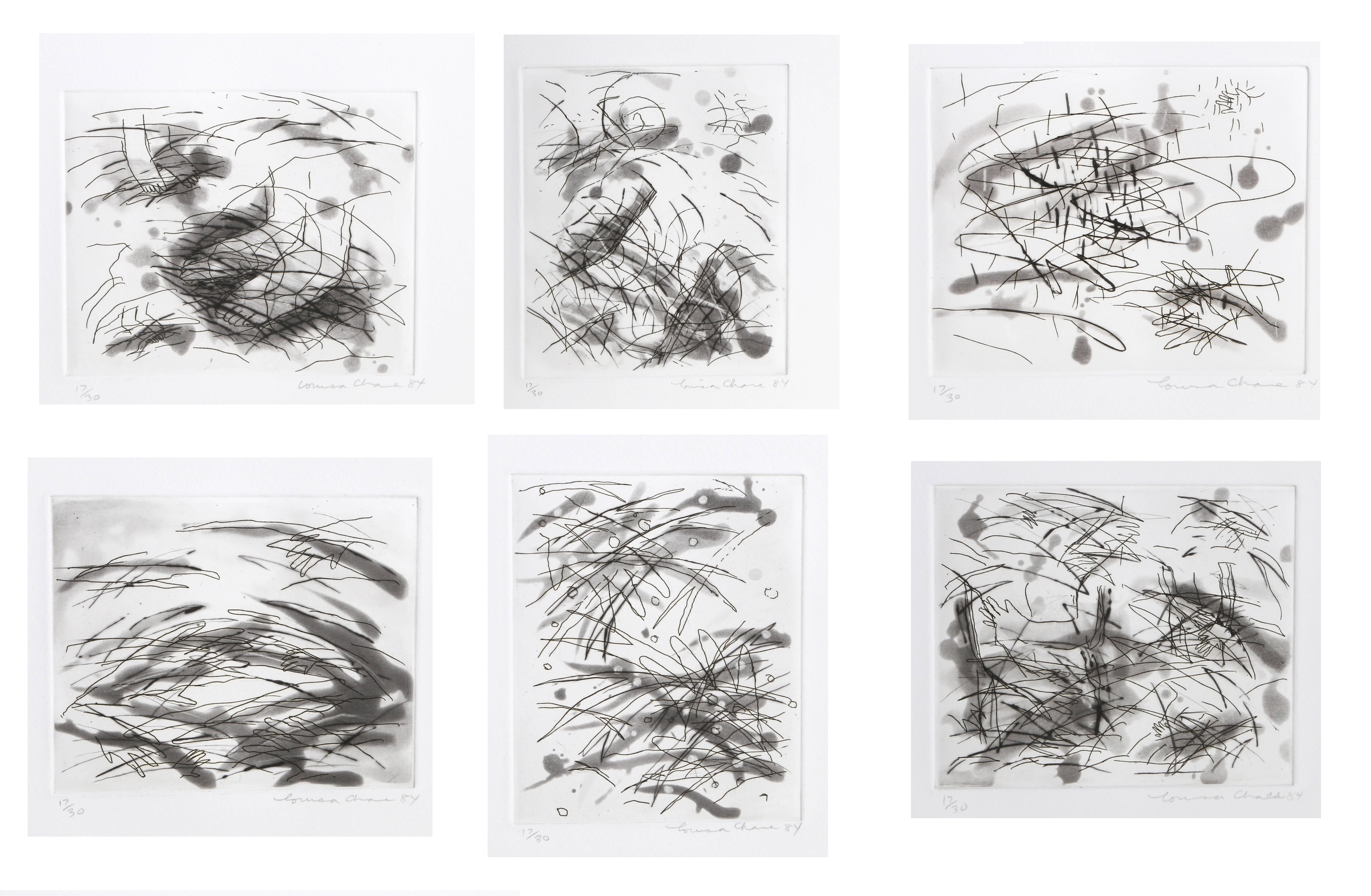 Artistics : Louisa Chase, Américaine (1951 - 2016)
Titre : Portefeuille de six gravures 
Année : 1984
Moyen : Six gravures à la pointe sèche avec aquatinte, signées et numérotées au crayon
Edition : 30
Format du papier : 11 x 11 pouces (27,94 x