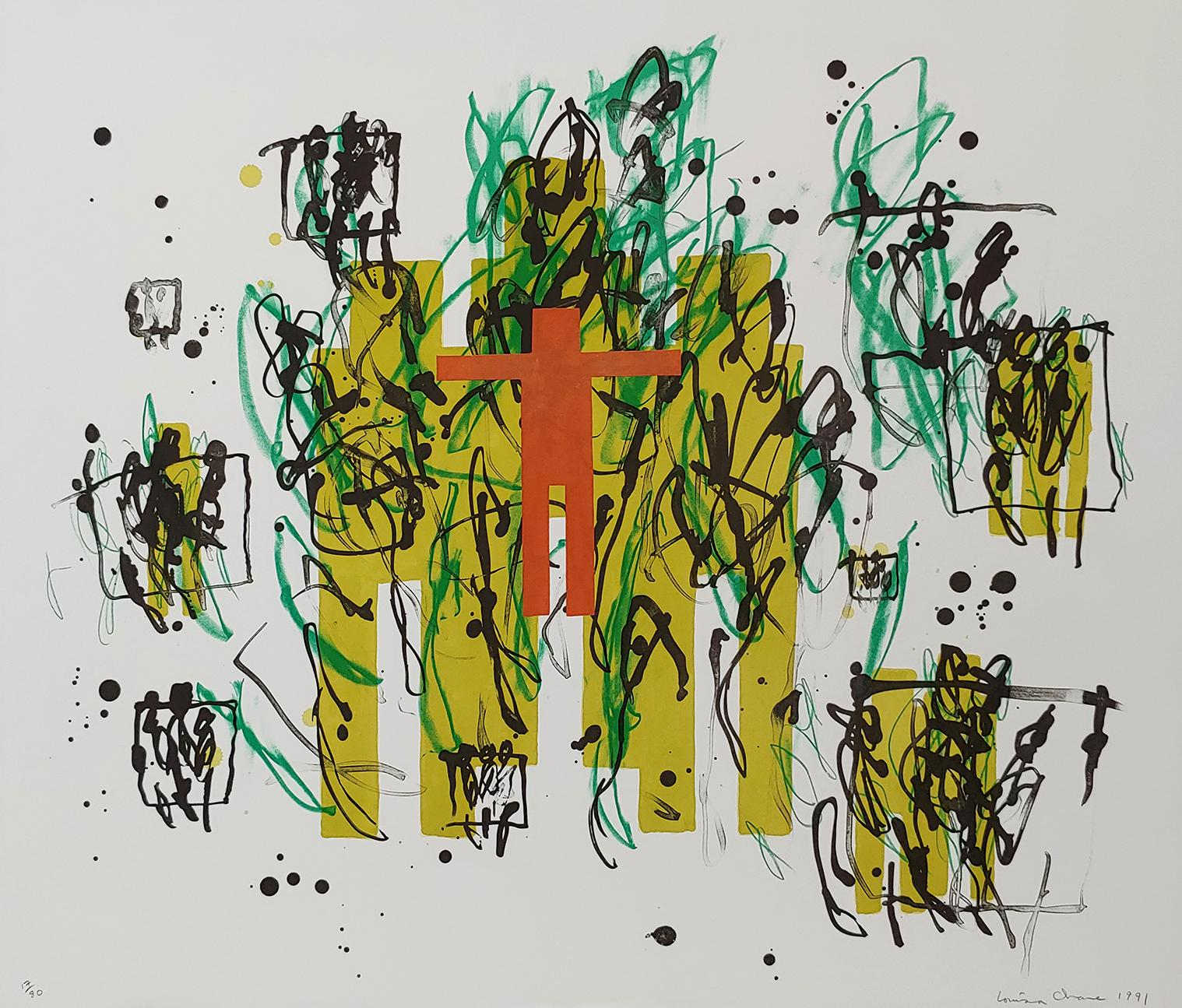 Sans titre, Figure aux formes gestuelles, 1991 Lithographie en couleur 35 x 39 encadrée 17/80 - Print de Louisa Chase