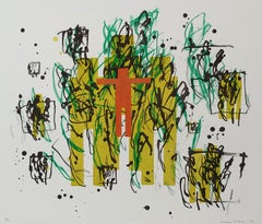 Untitled, Figure with gestural shapes, 1991 Color Lithograph 35x39 Framed 17/80
