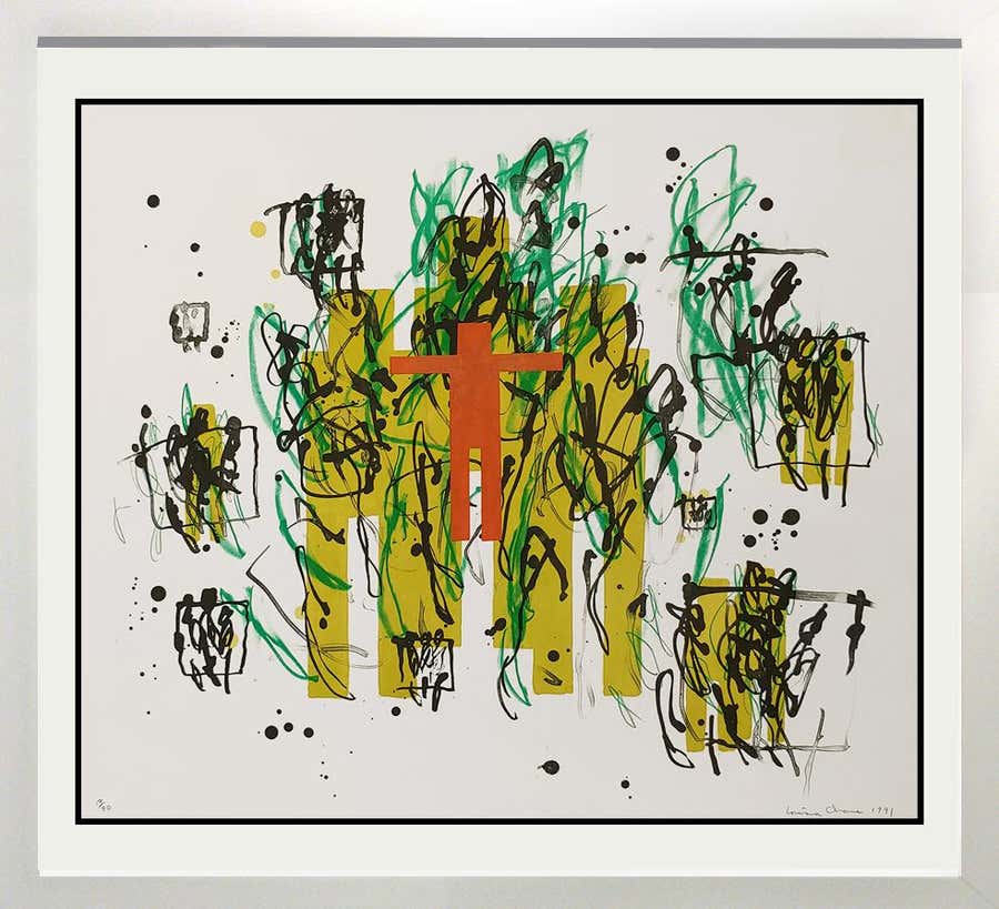 Untitled, Figure with gestural shapes, 1991 Color Lithograph 35x39 Framed 17/80