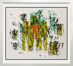 Vintage Untitled, Figure with gestural shapes, 1991 Color Lithograph 35x39 Framed 17/80