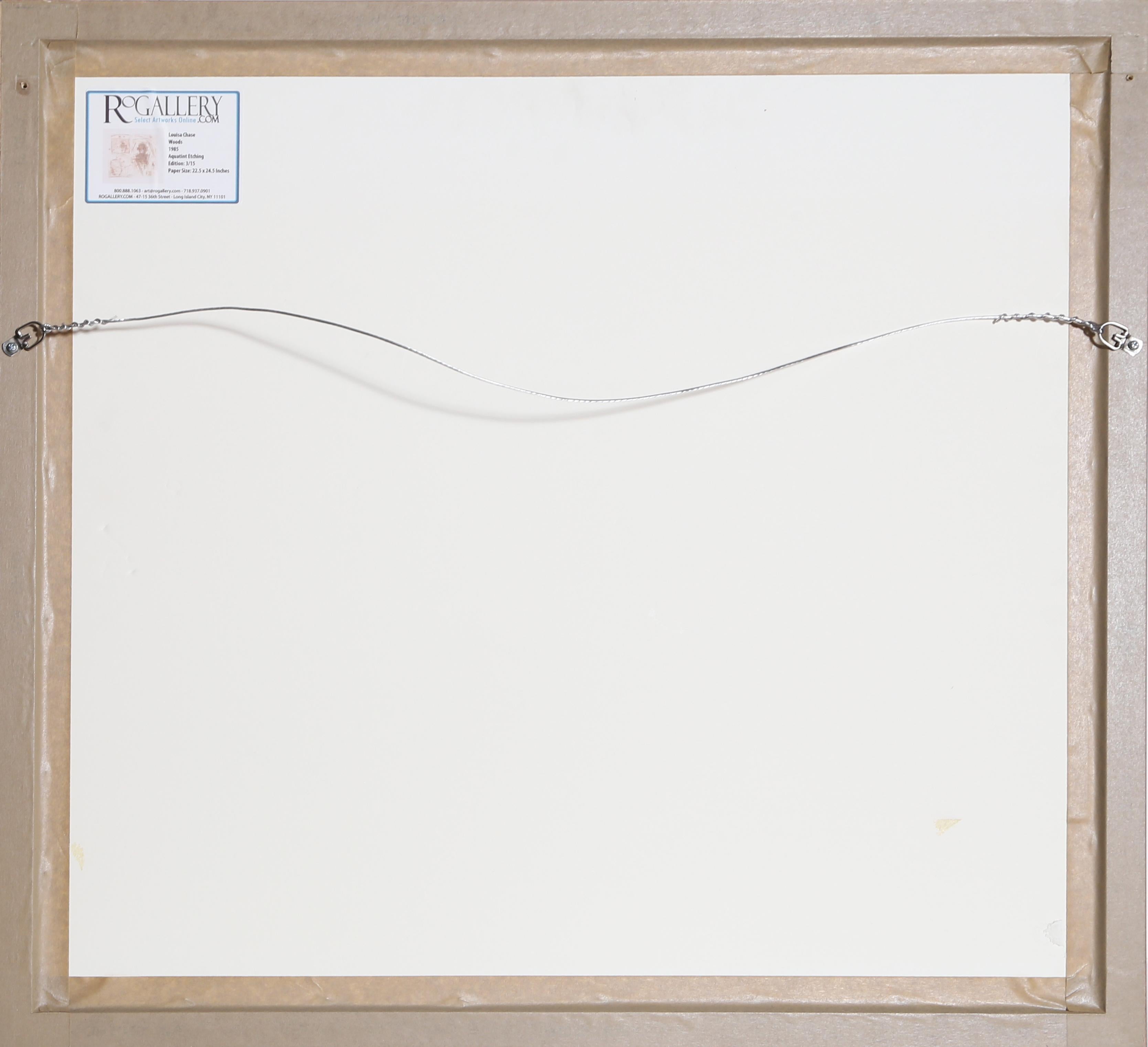 Artistics : Louisa Chase, Américaine (1951 - 2016)
Titre :	Bois
Année : 1985
Moyen d'expression : Aquatinte, signée et numérotée au crayon
Edition : 3/15
Taille du papier :	22.5 x 24.5 pouces [57.15 x 62.23 cm]
Taille du cadre : 27 x 29 pouces