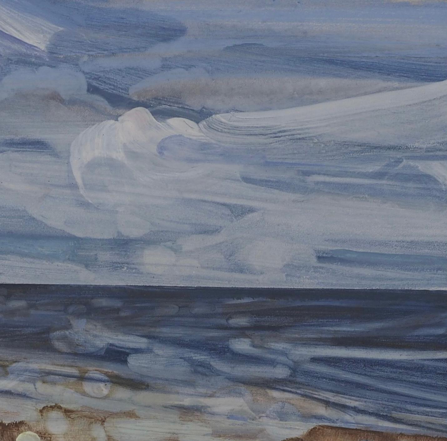 Unter dem Brustbein, Lebendige Seelandschaft, Helle Miniaturmalerei (Grau), Landscape Painting, von Louisa Longstaff-Scales