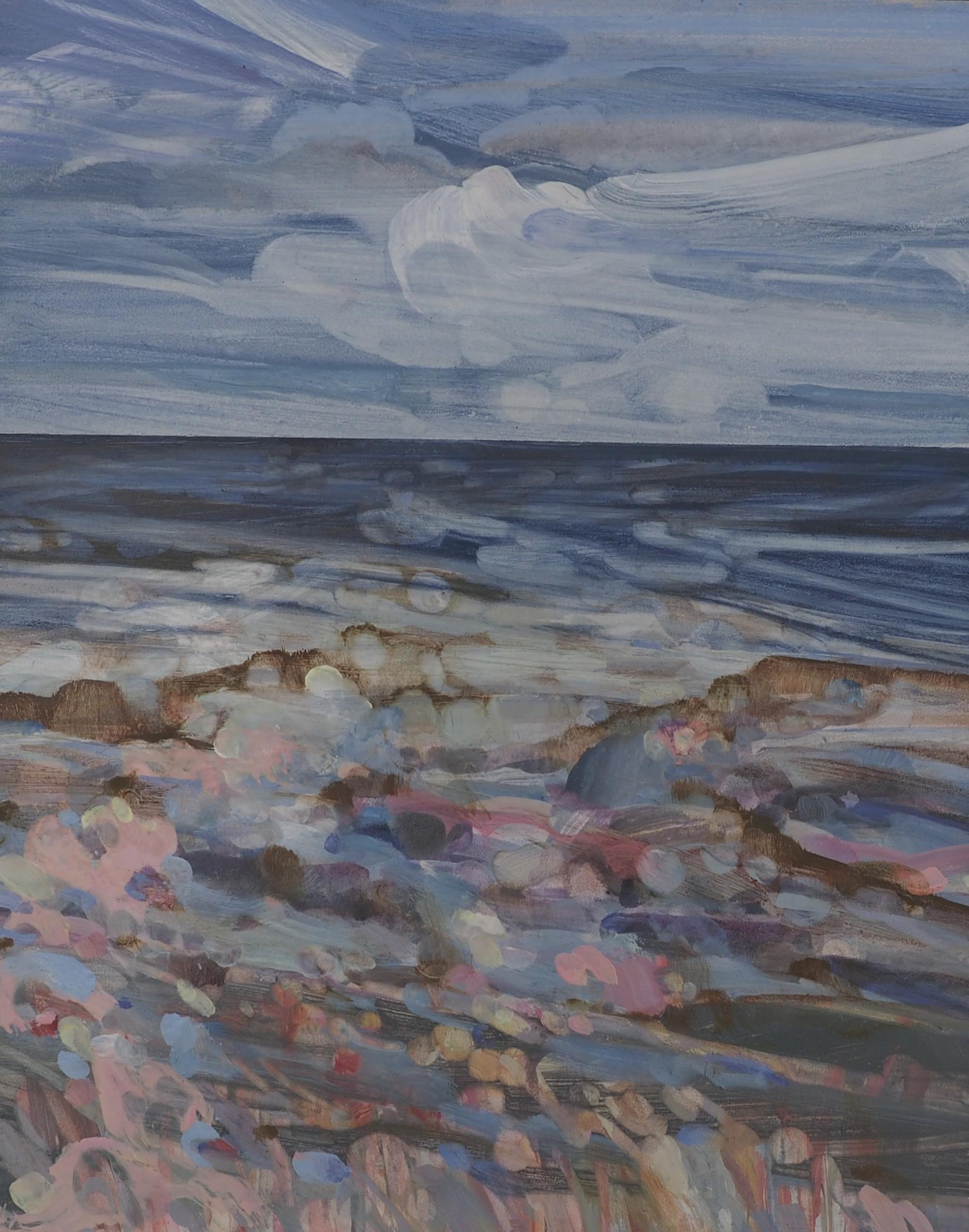 Louisa Longstaff-Scales Landscape Painting – Unter dem Brustbein, Lebendige Seelandschaft, Helle Miniaturmalerei