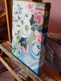 Glass Reflections with Lisianthus, Painting, Oil on Canvas