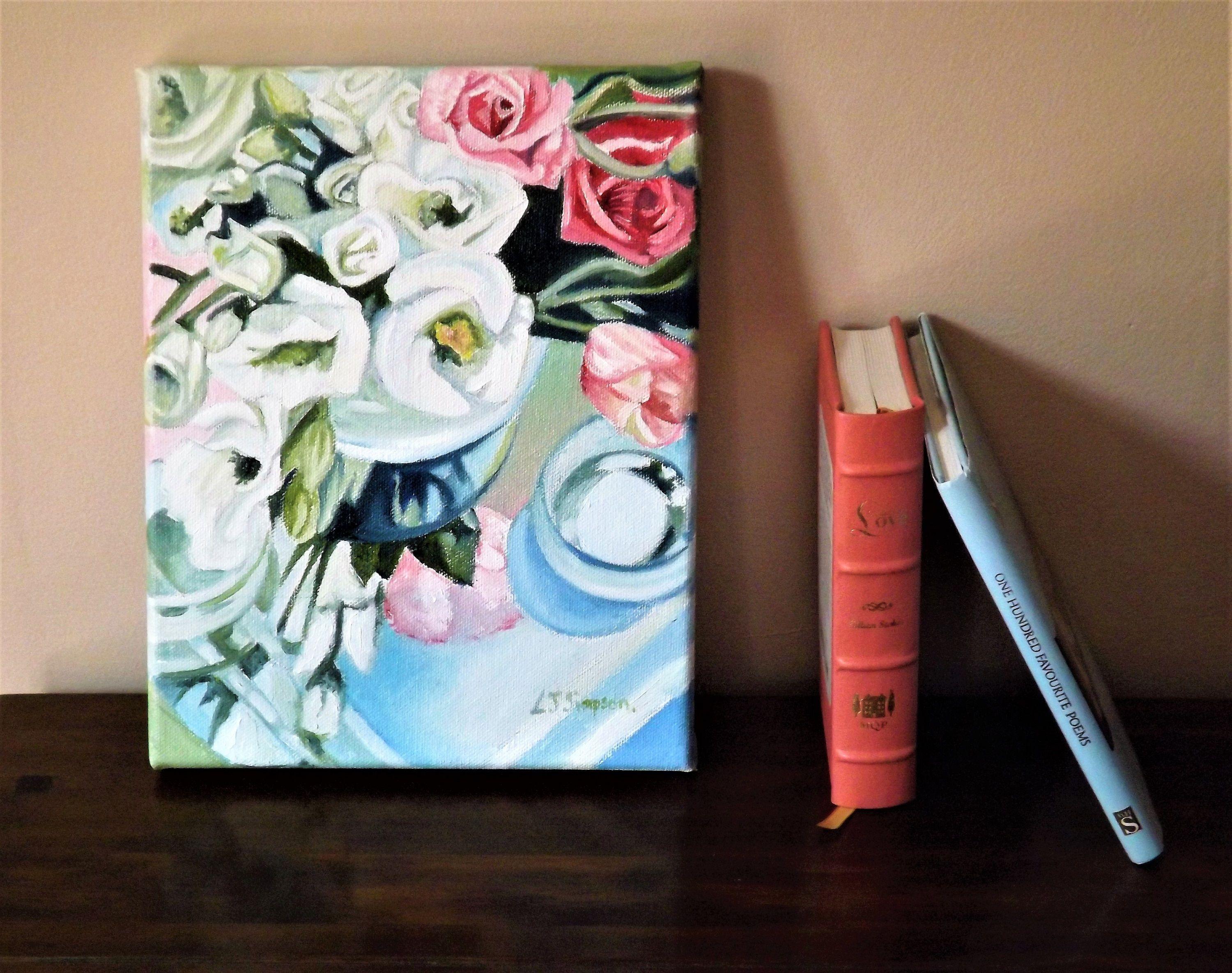 Riflessi di vetro con Lisianthus, Pittura, Olio su tela in vendita 1