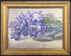 1920's Acuarela Impresionista Francesa Firmada Irises Naturaleza Muerta Flores