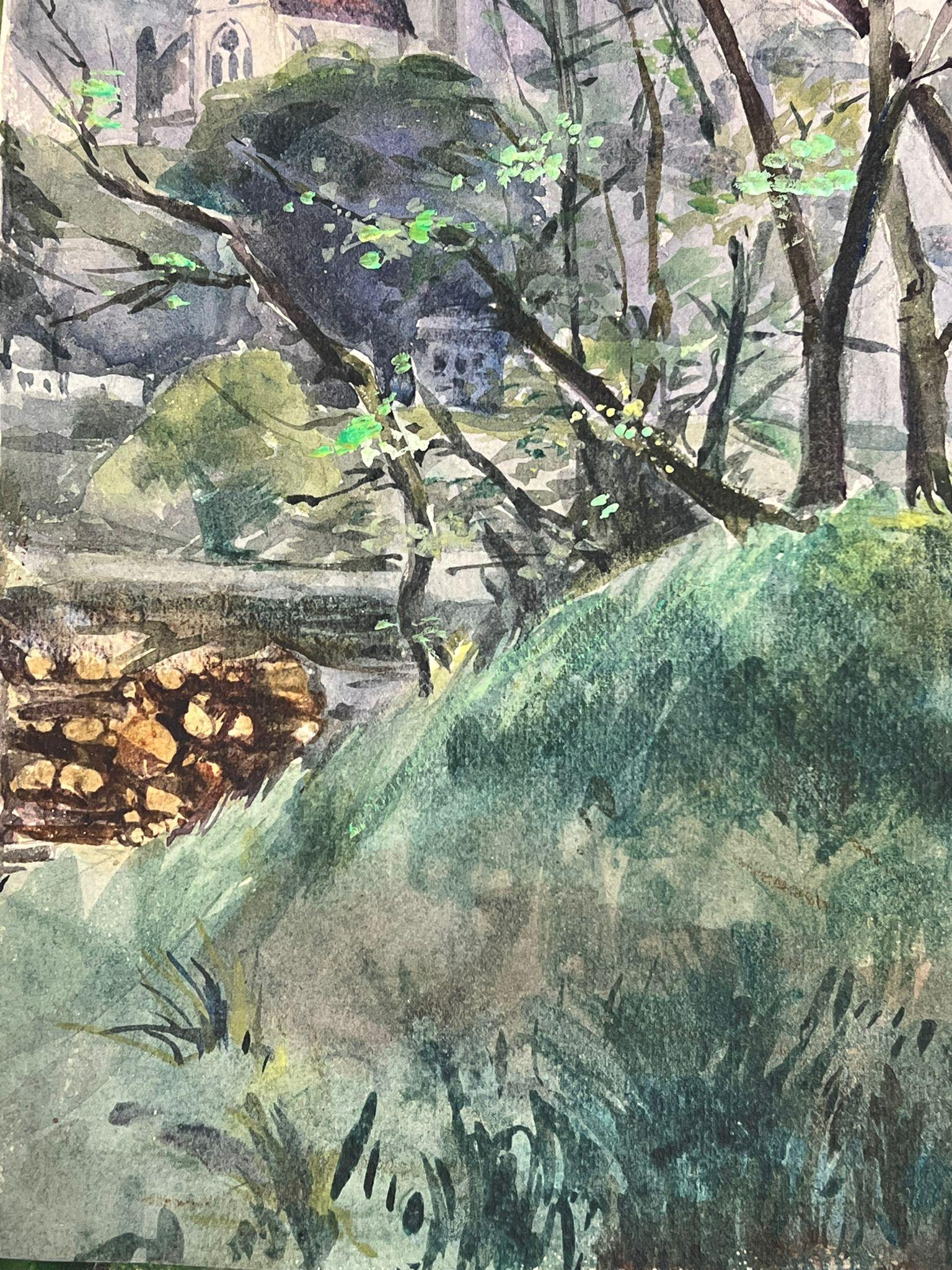 Französische Bare Bäume auf grünem Hügel, Landschaft entlang der Flussbank, 1930er Jahre – Art von Louise Alix