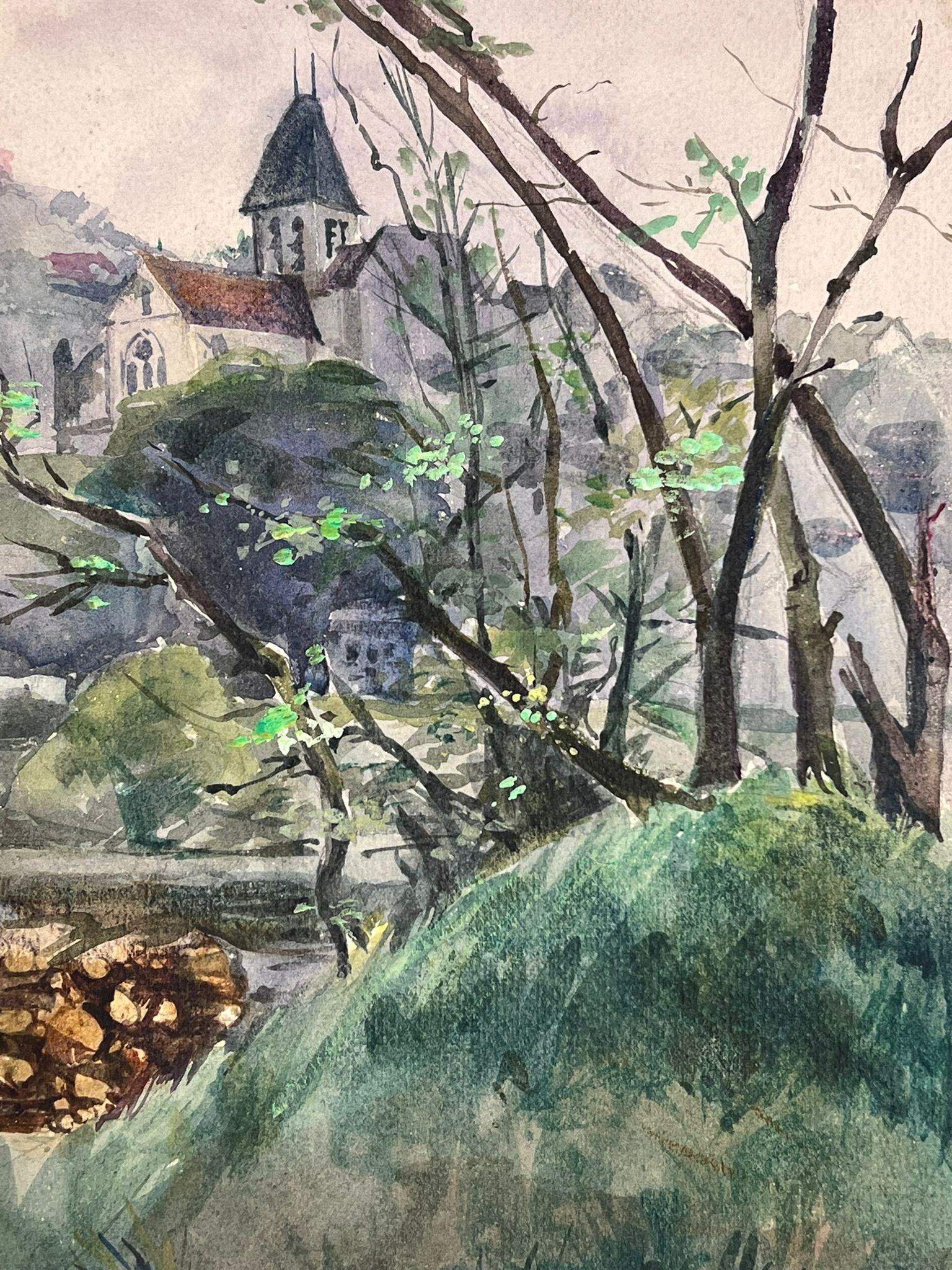 Französische Bare Bäume auf grünem Hügel, Landschaft entlang der Flussbank, 1930er Jahre (Impressionismus), Art, von Louise Alix