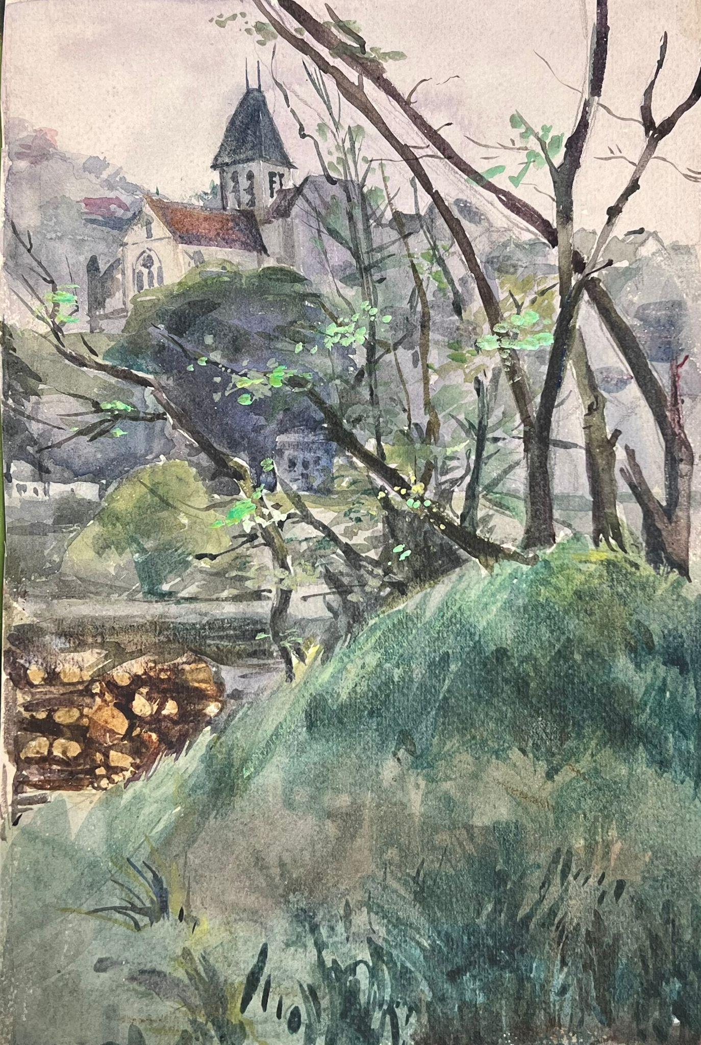 Französische Landschaft
von Louise Alix, französische Impressionistin der 1950er Jahre 
Aquarell auf Künstlerpapier, ungerahmt
Gemälde: 11 x 7,5 Zoll
Provenienz: aus einer großen Privatsammlung dieses Künstlers in Nordfrankreich
Zustand: originaler,