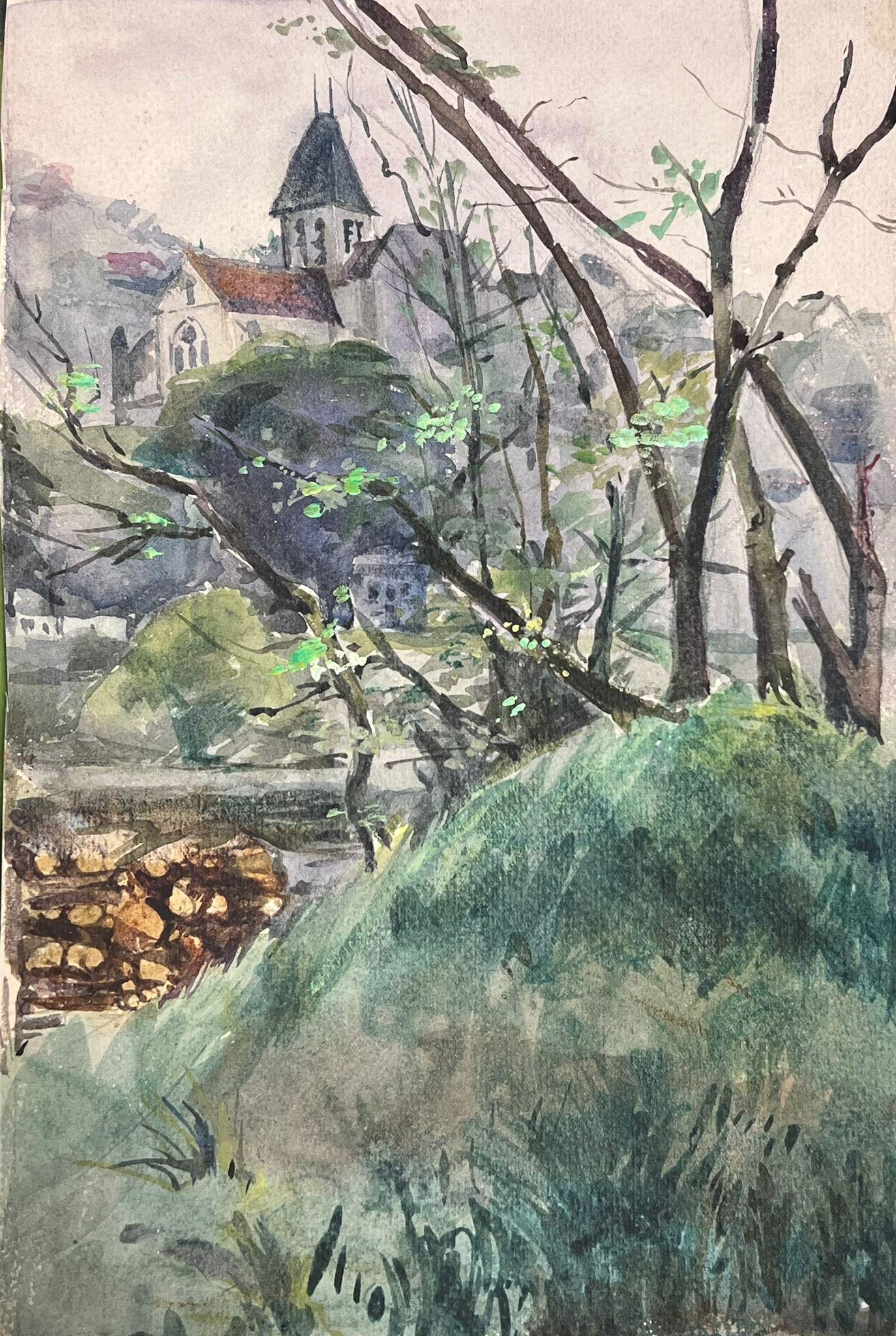 Französische Bare Bäume auf grünem Hügel, Landschaft entlang der Flussbank, 1930er Jahre (Grau), Landscape Painting, von Louise Alix