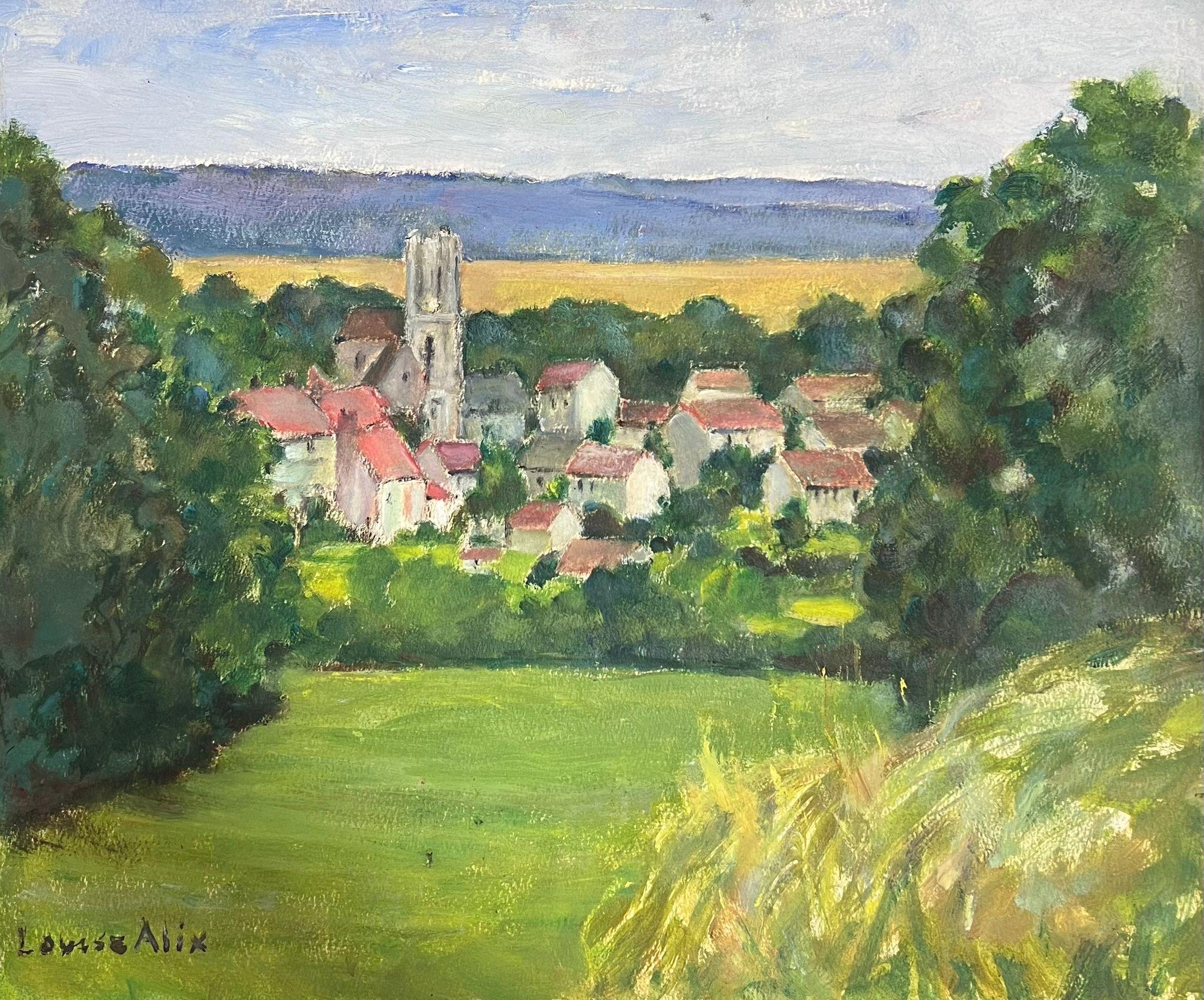 1930's French Church In Red Roof Village In Open Bright Green Landscape - Painting by Louise Alix