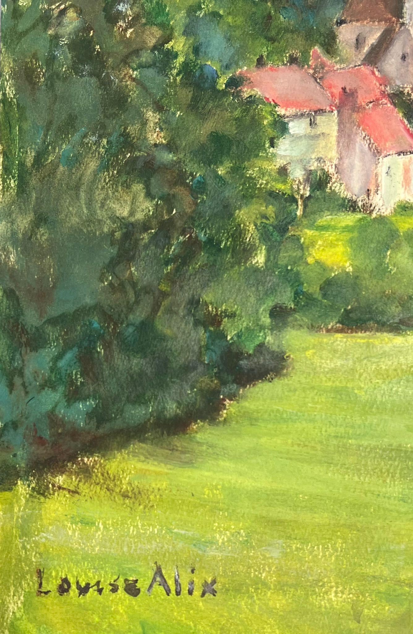 1930's French Church In Red Roof Village In Open Bright Green Landscape - Impressionist Painting by Louise Alix