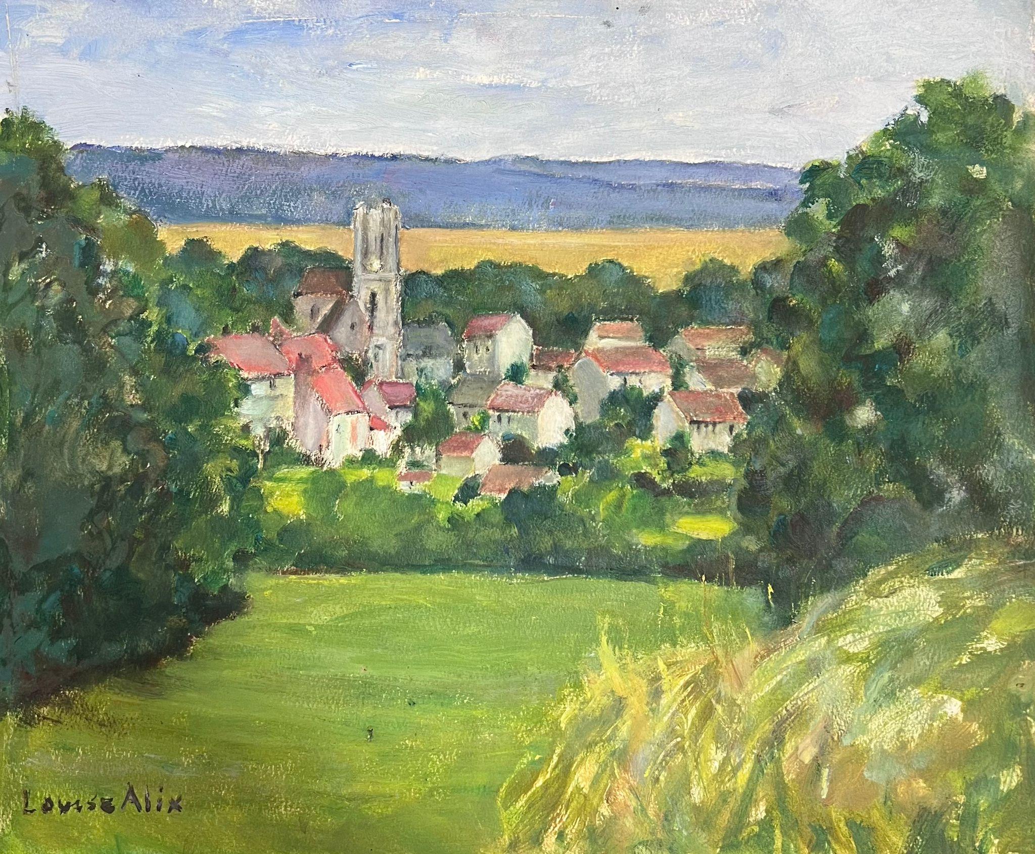 Louise Alix Landscape Painting - 1930's French Church In Red Roof Village In Open Bright Green Landscape