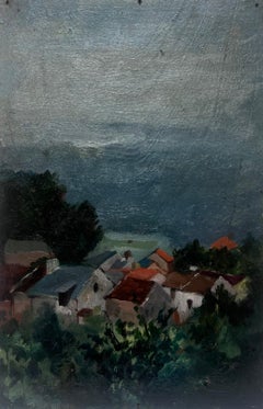 Paysage à l'huile des années 1930 des maisons françaises aux toits colorés surplombant la mer 